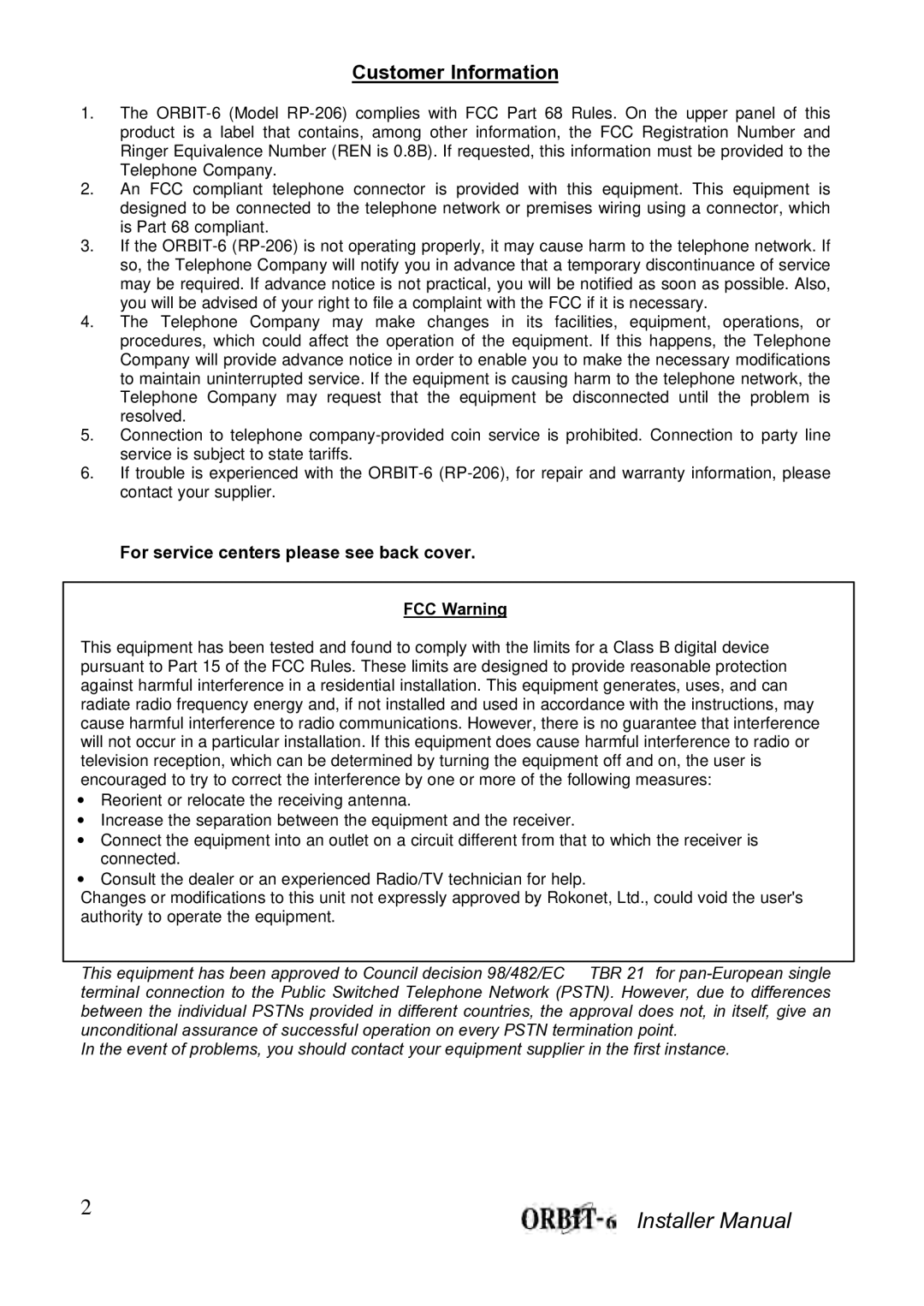 Orbit Manufacturing ORBIT-6 RP-206 manual Customer Information, For service centers please see back cover 