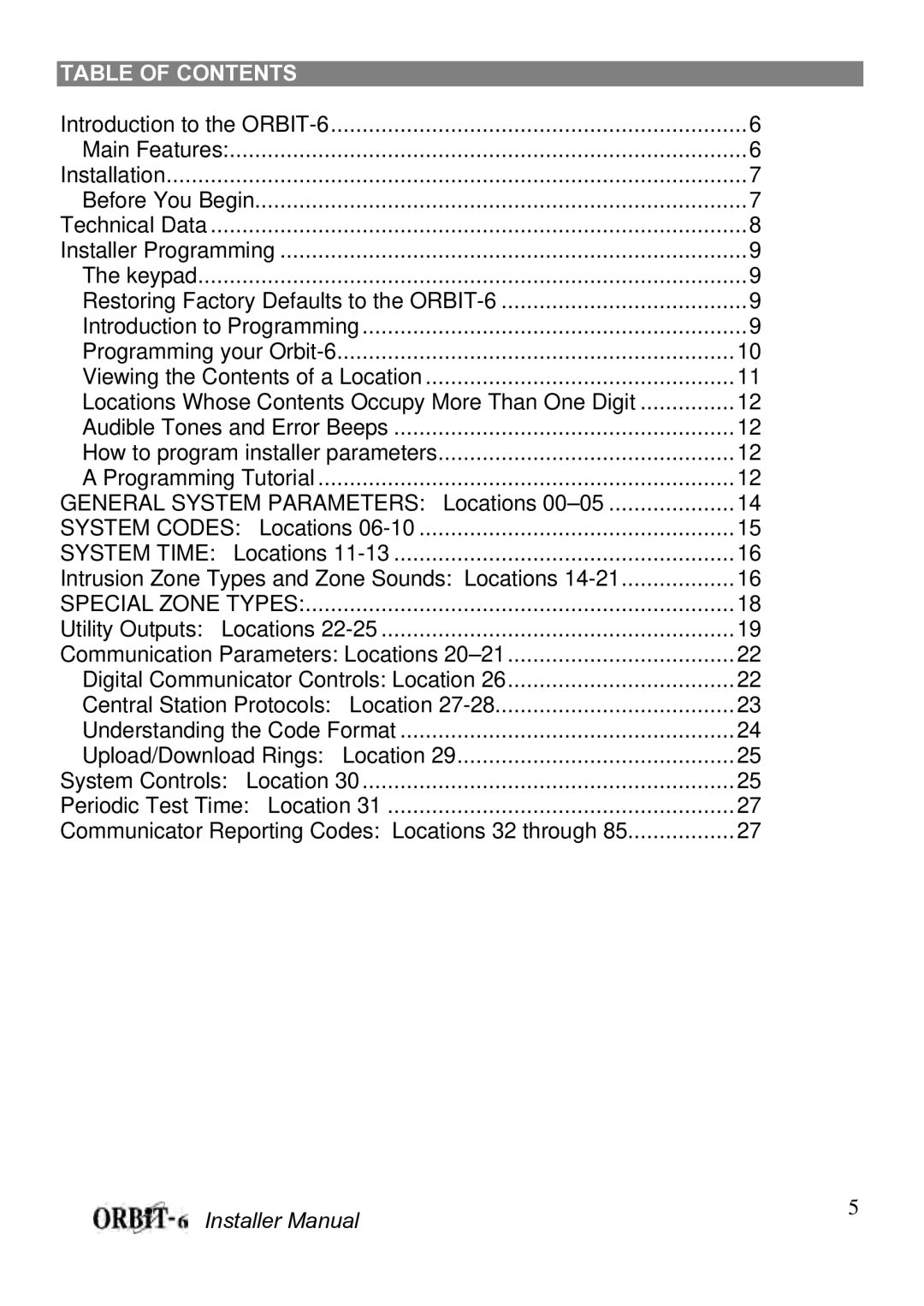 Orbit Manufacturing ORBIT-6 RP-206 manual Table of Contents 