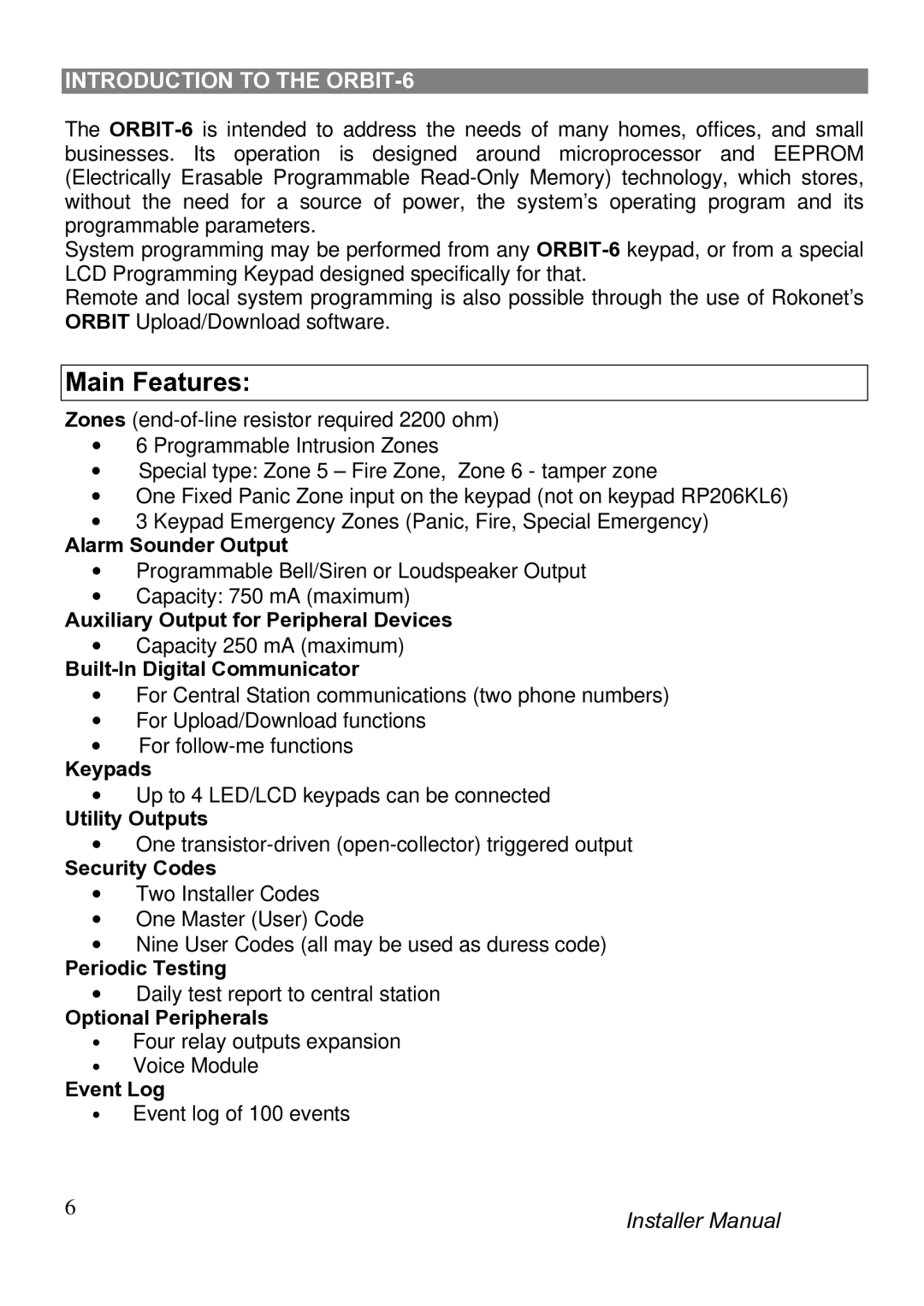 Orbit Manufacturing ORBIT-6 RP-206 manual Main Features, Introduction to the ORBIT-6 