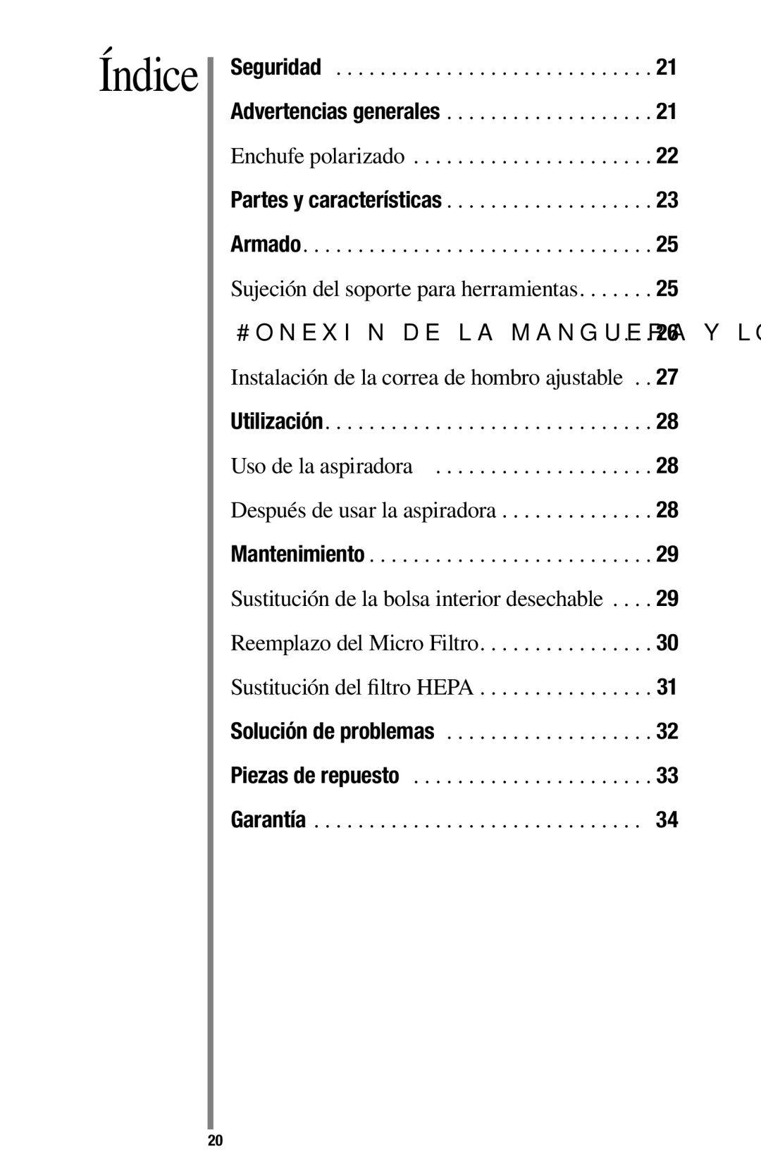 Oreck 1600 manual Índice, Advertencias generales, Partes y características, Solución de problemas Piezas de repuesto 