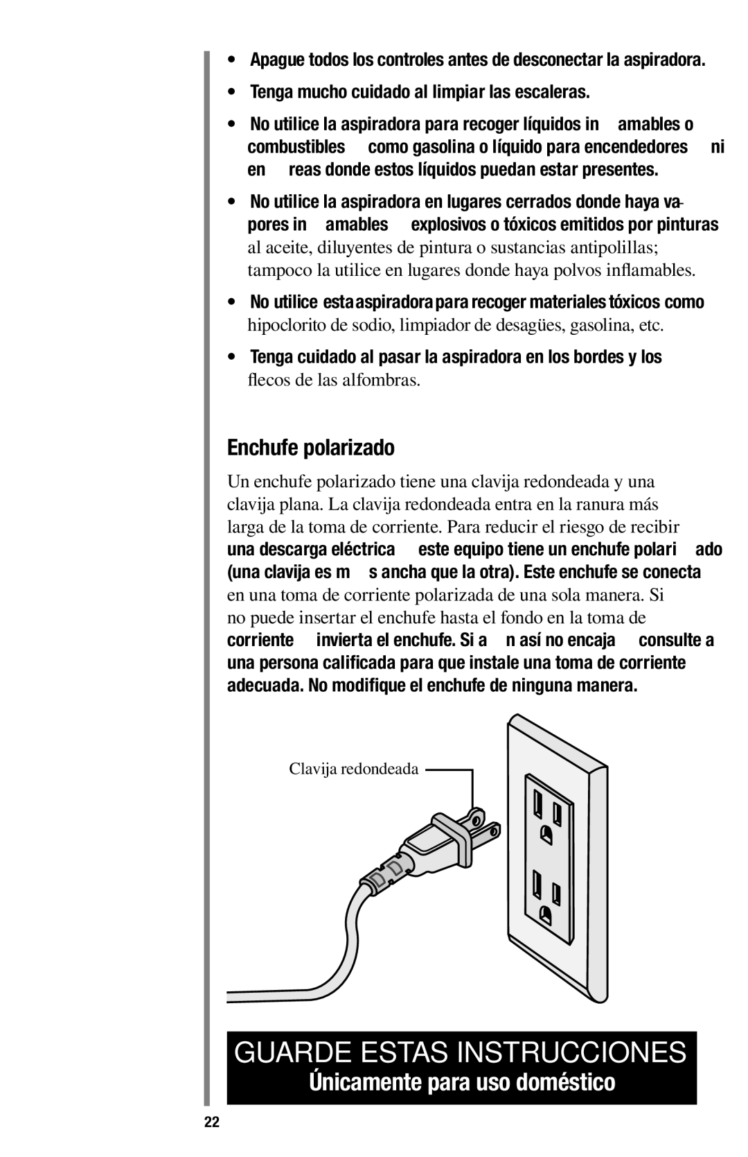 Oreck 1600 manual Enchufe polarizado 