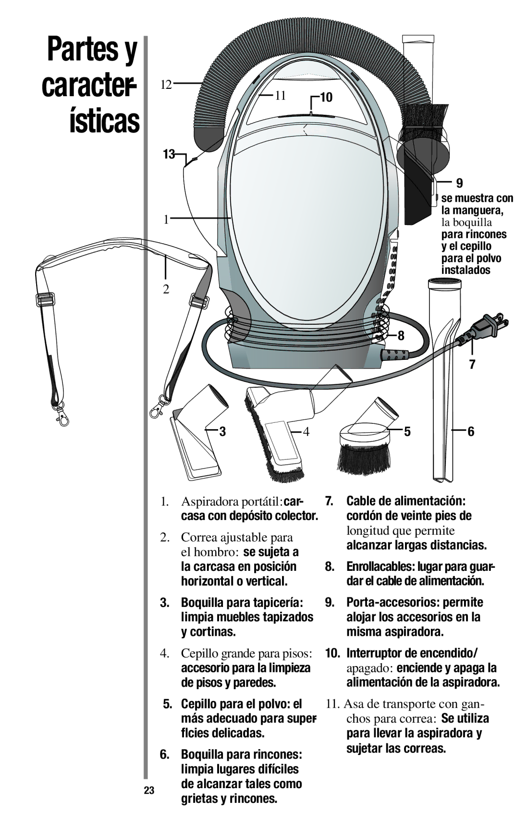 Oreck 1600 manual Partes y caracter- ísticas, De alcanzar tales como grietas y rincones 