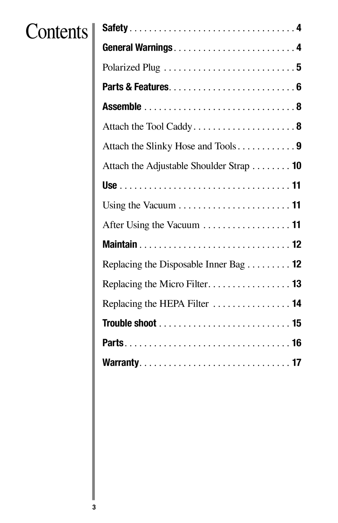 Oreck 1600 manual Contents 