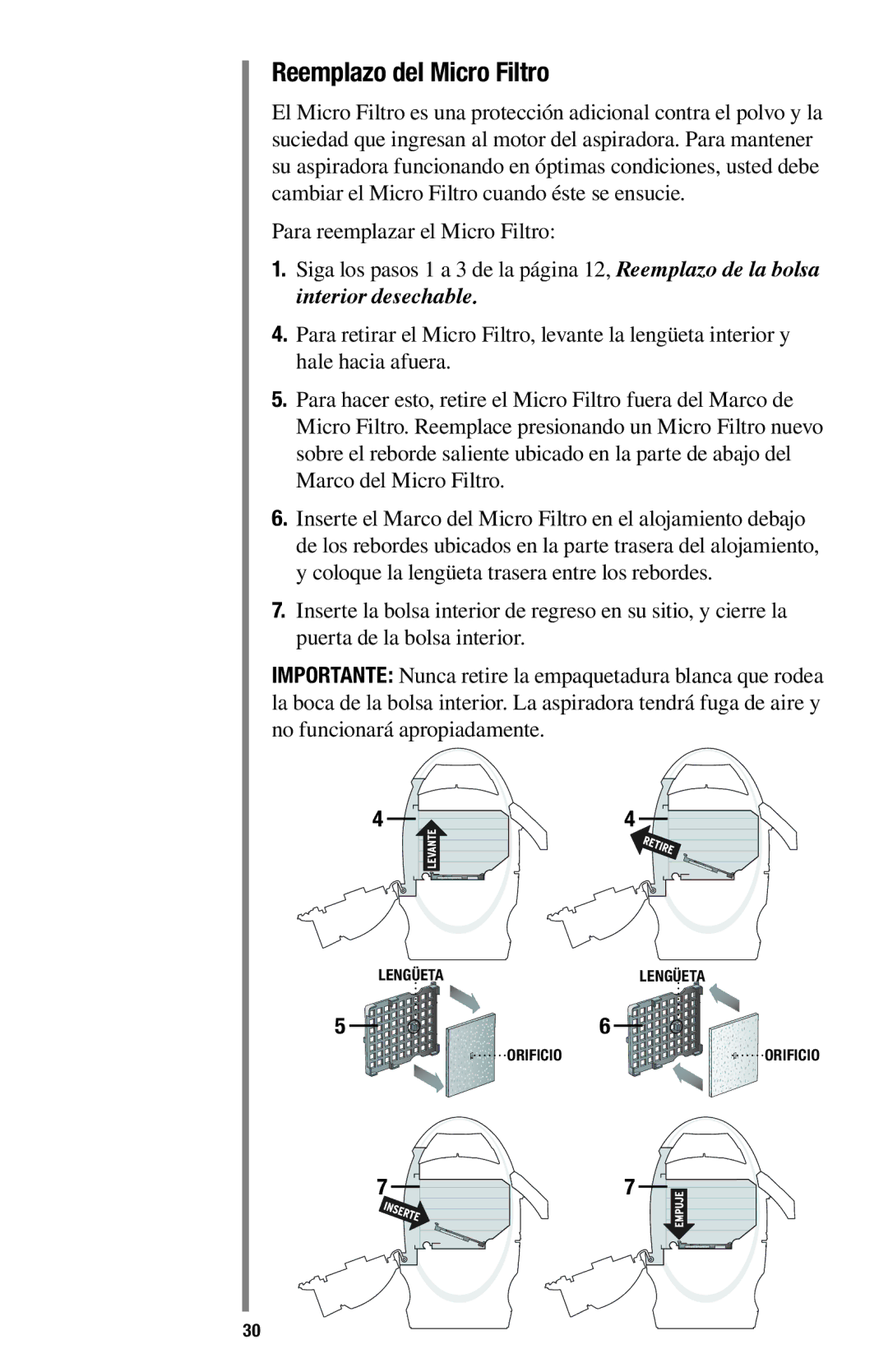 Oreck 1600 manual Reemplazo del Micro Filtro 