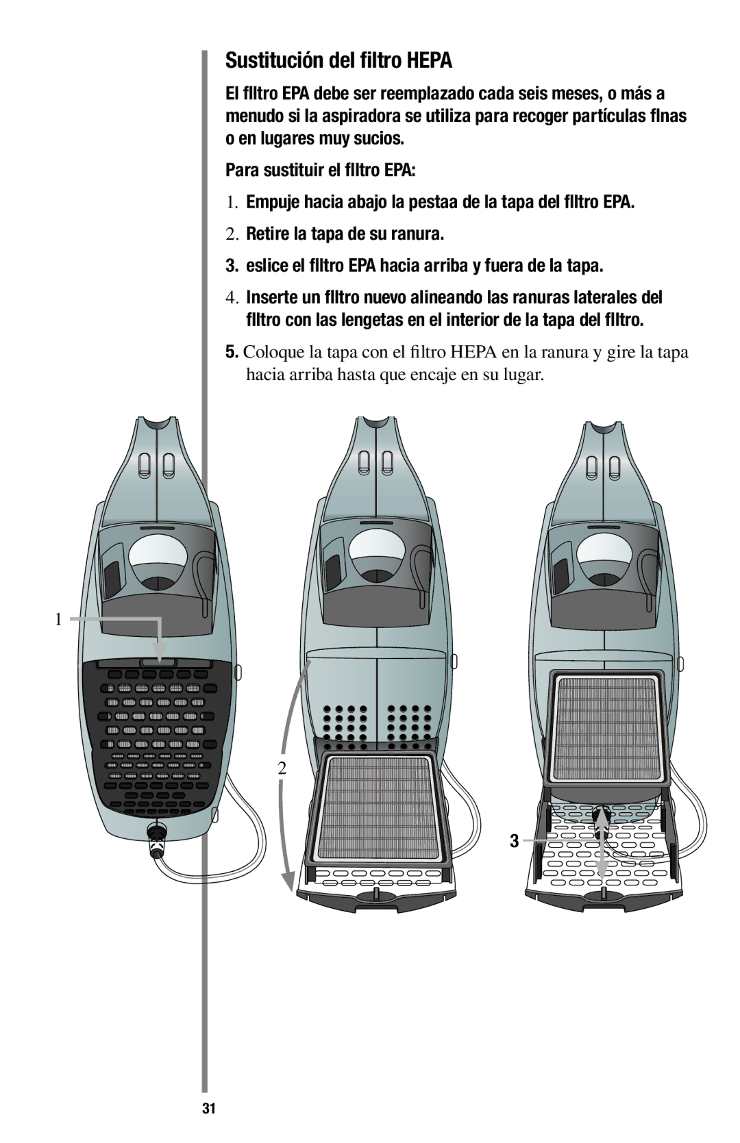 Oreck 1600 manual Sustitución del filtro Hepa 