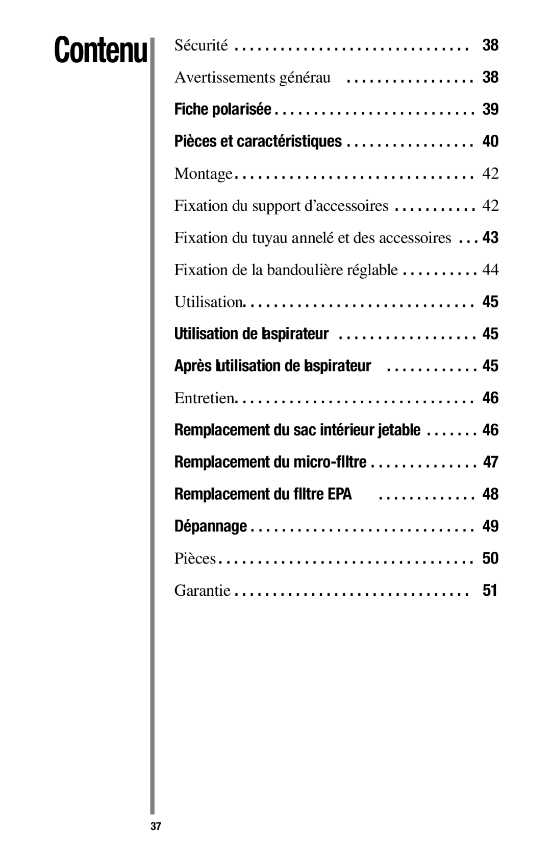 Oreck 1600 manual Contenu, Sécurité, Garantie 