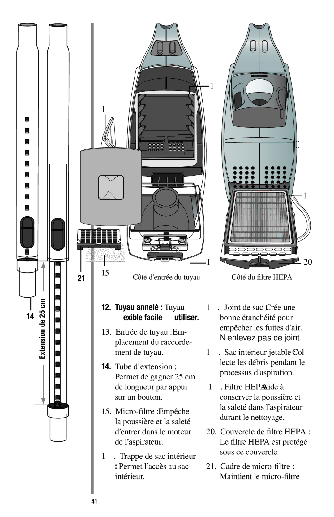 Oreck 1600 manual Permet de gagner 25 cm de longueur par appui sur un bouton, Permet l’accès au sac intérieur 