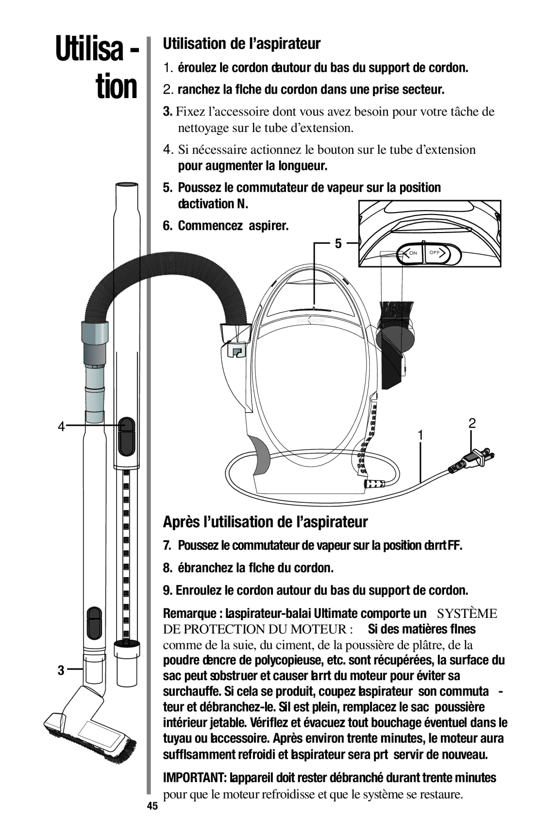 Oreck 1600 manual Utilisation de l’aspirateur, Après l’utilisation de l’aspirateur 