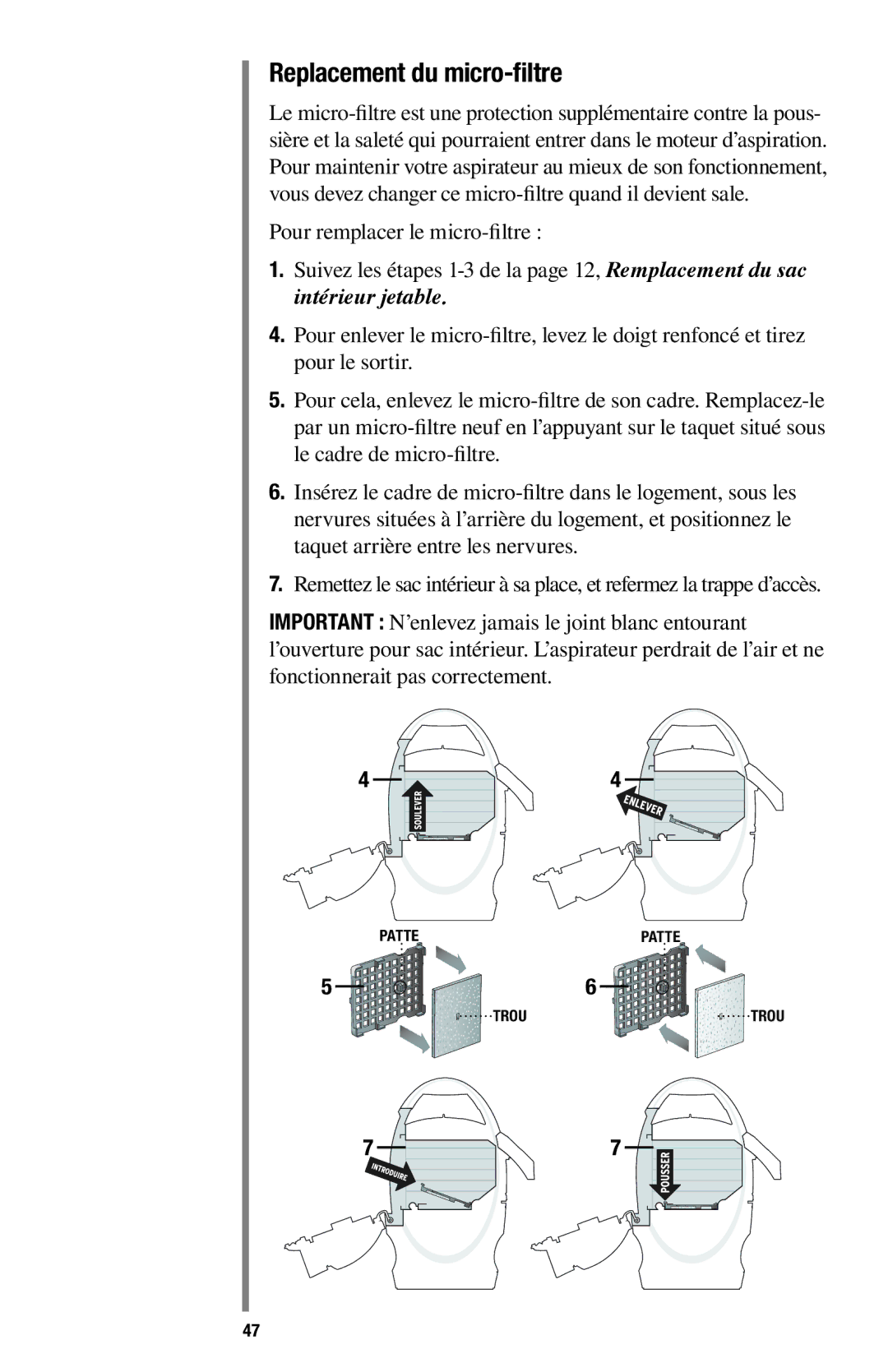 Oreck 1600 manual Replacement du micro-filtre 