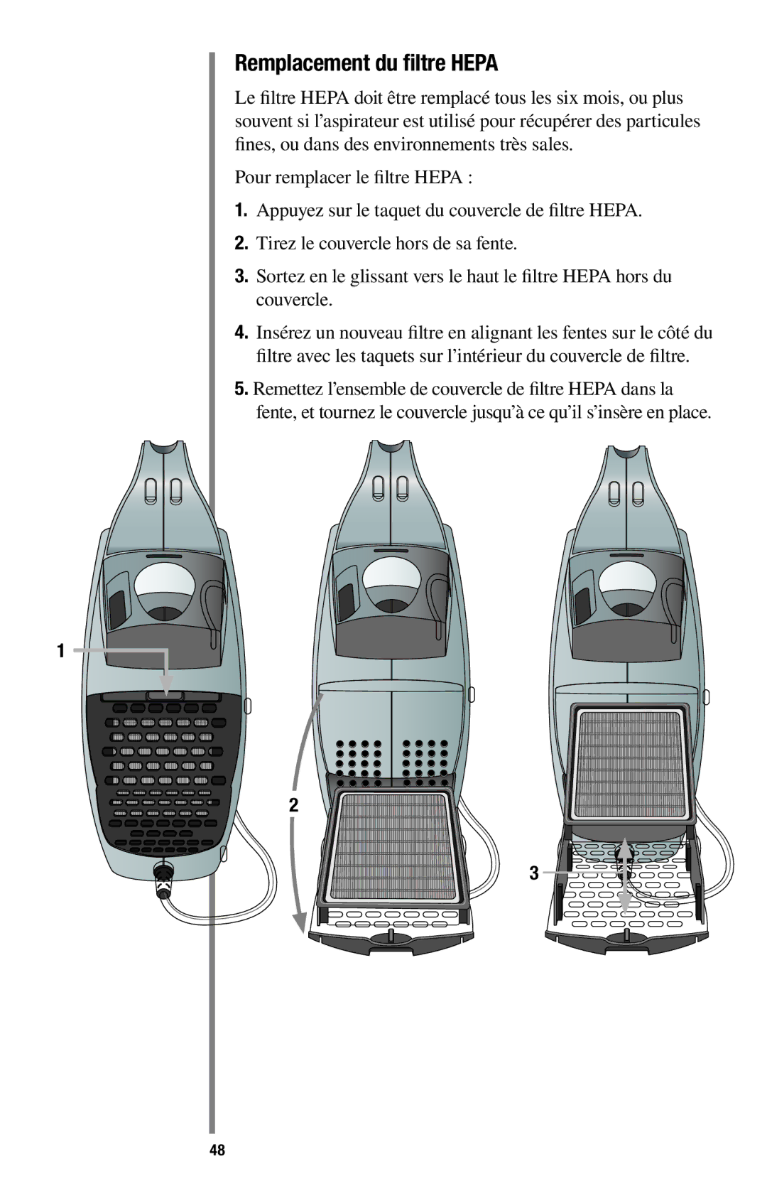 Oreck 1600 manual Remplacement du filtre Hepa 