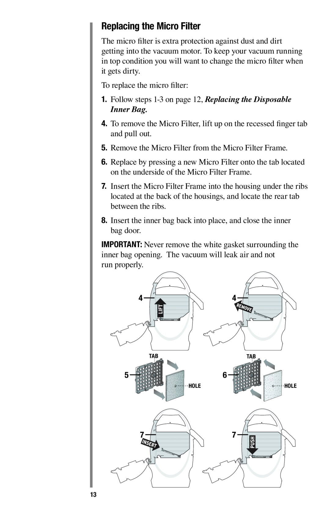 Oreck 1600 manual Replacing the Micro Filter, Inner Bag 