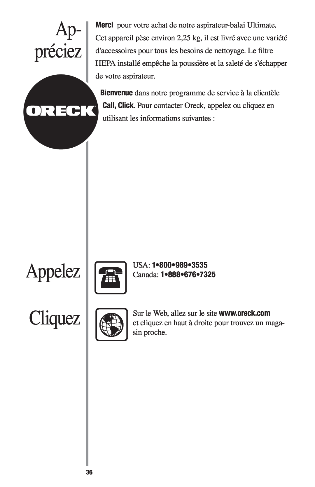 Oreck 1600 manual Cliquez, Appelez, Ap- préciez, USA Canada 