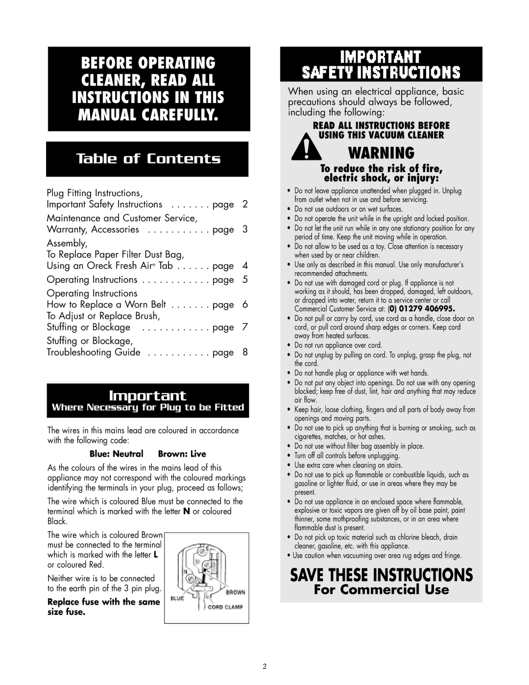 Oreck 2005HH, 2005RH warranty Table of Contents 