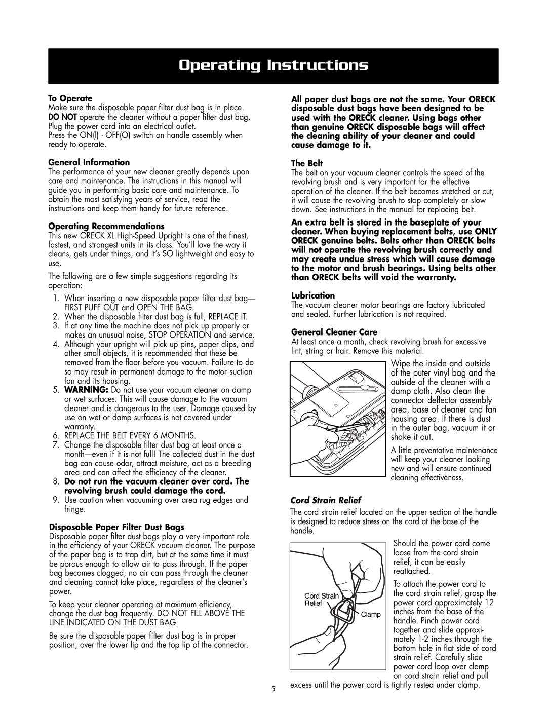 Oreck 2005RH, 2005HH warranty Operating Instructions 