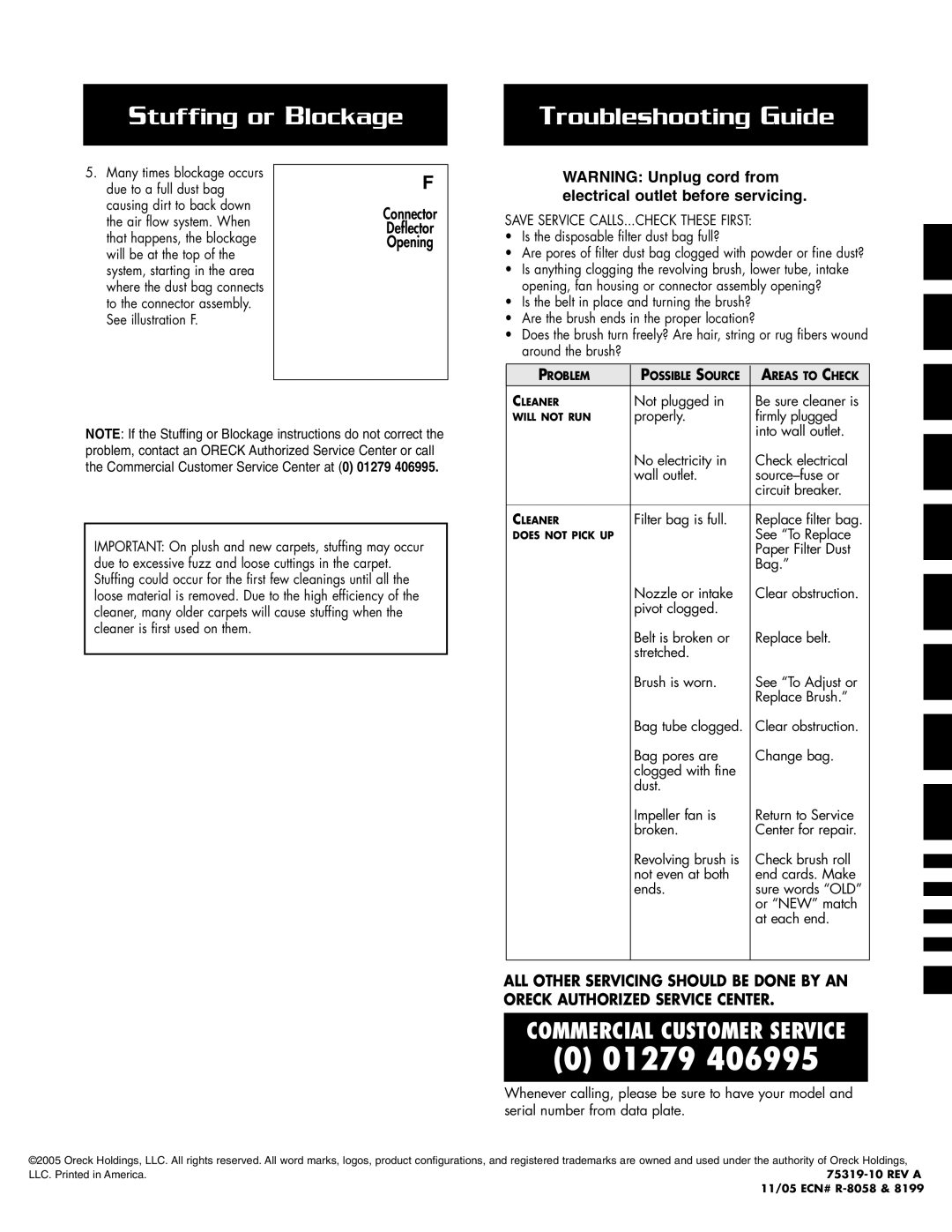 Oreck 2005HH, 2005RH warranty Troubleshooting Guide 