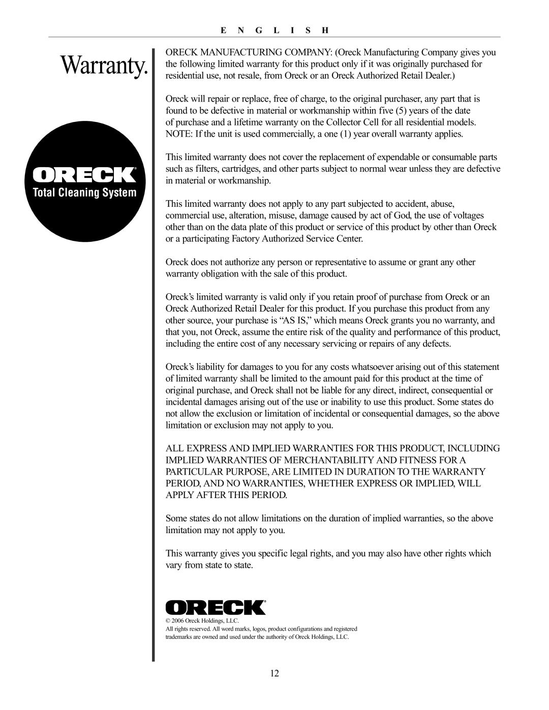 Oreck 20061-01Rev.A manual Warranty, Oreck Holdings, LLC 