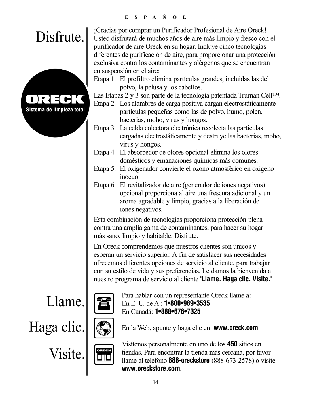 Oreck 20061-01Rev.A manual Disfrute, Llame Haga clic Visite 