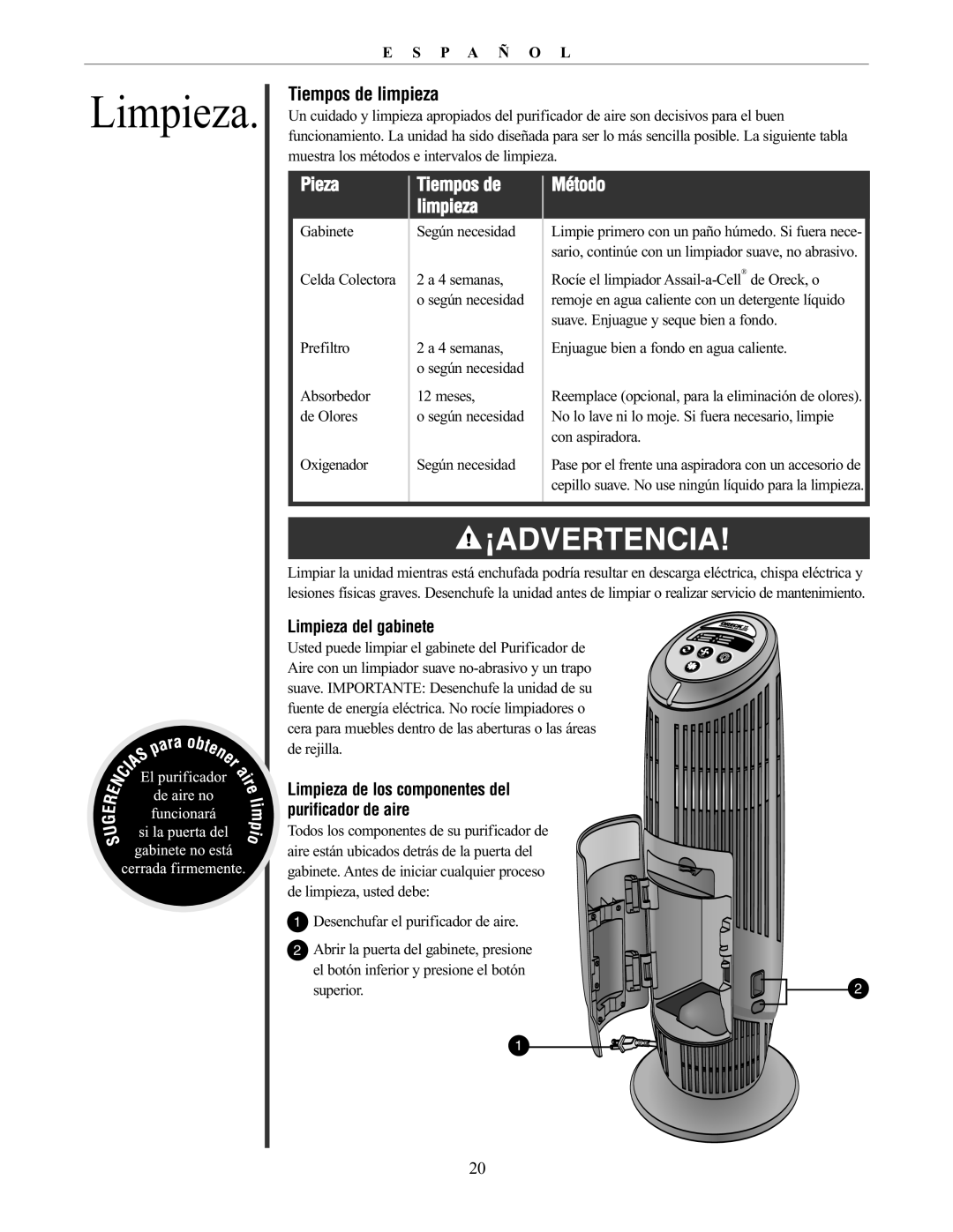 Oreck 20061-01Rev.A manual Tiempos de limpieza, Pieza Tiempos de Método Limpieza 