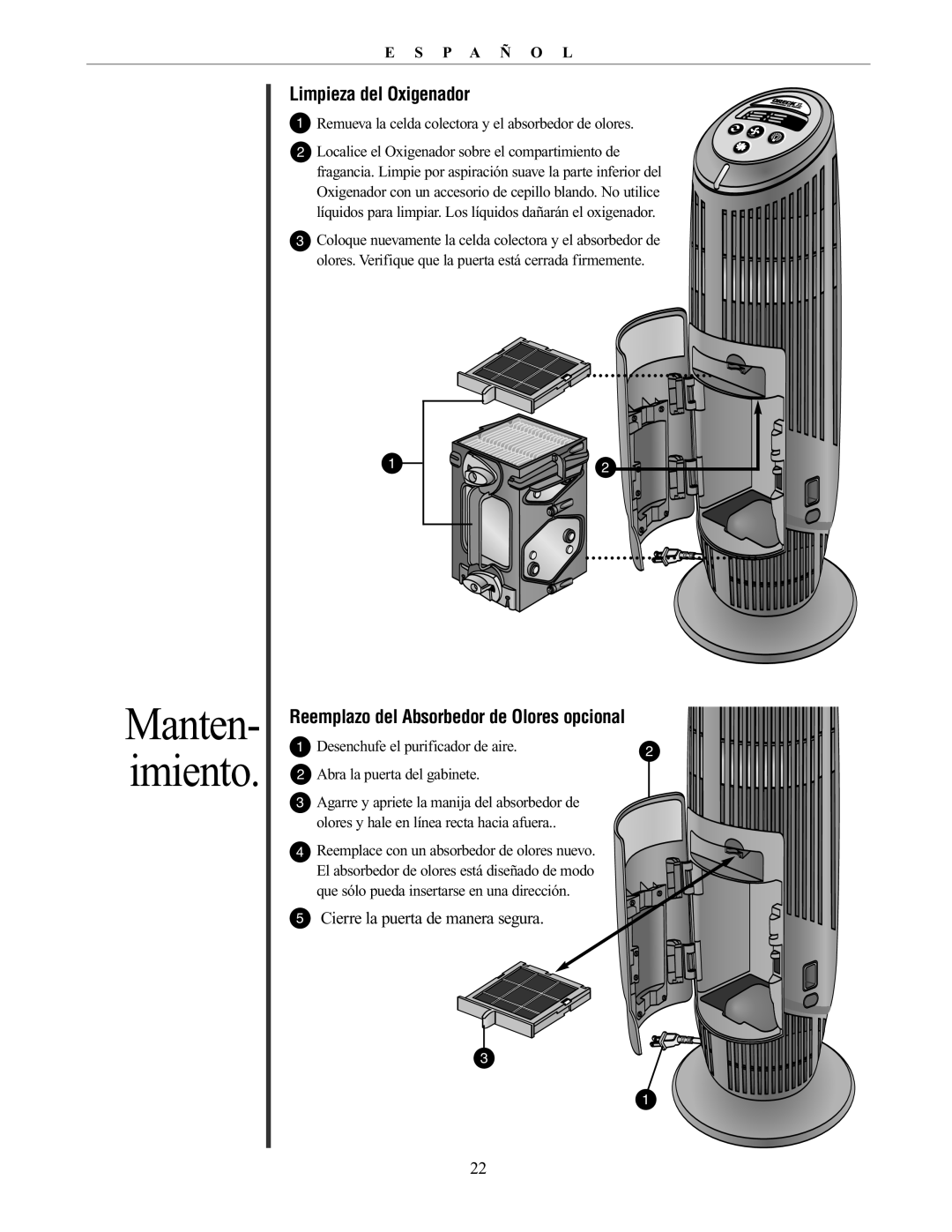 Oreck 20061-01Rev.A manual Limpieza del Oxigenador, Reemplazo del Absorbedor de Olores opcional 