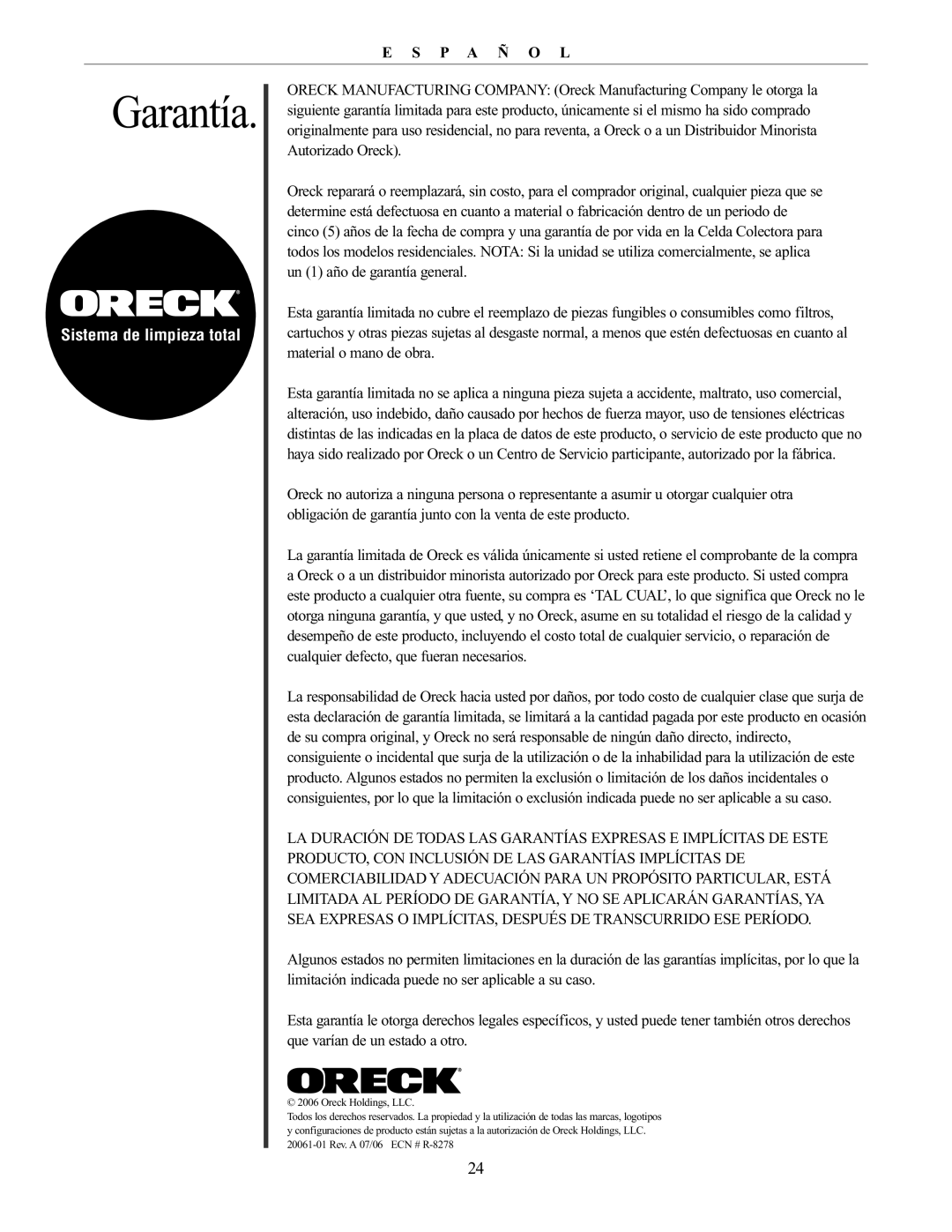 Oreck 20061-01Rev.A manual Garantía 