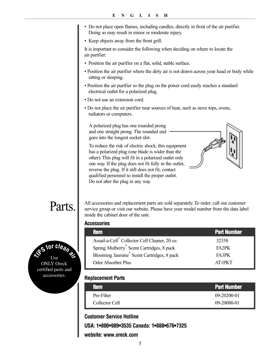 Oreck 20061-01Rev.A manual Accessories, Part Number, Replacement Parts, Customer Service Hotline 