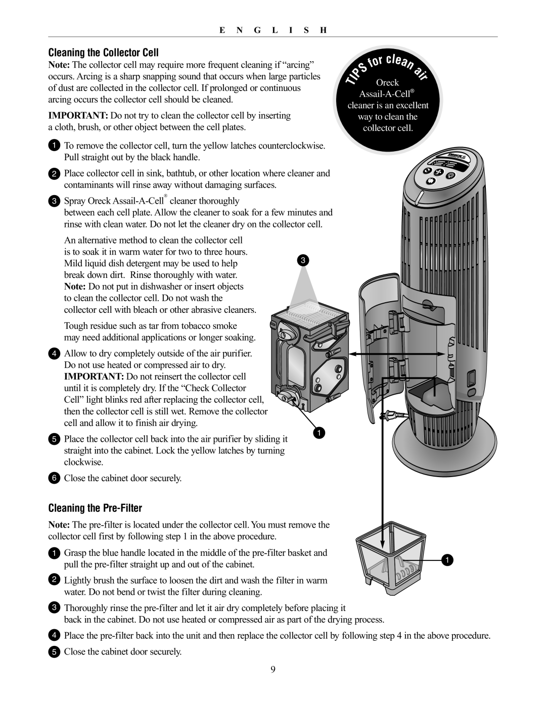 Oreck 20061-01Rev.A manual Cleaning the Collector Cell, Cleaning the Pre-Filter 