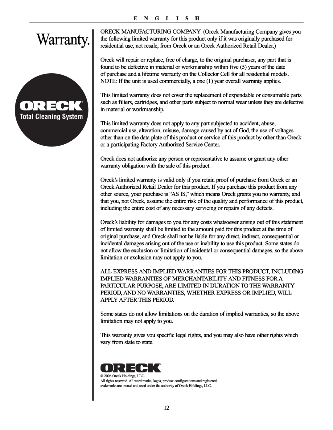 Oreck 20061-01Rev.A manual Warranty, Total Cleaning System 