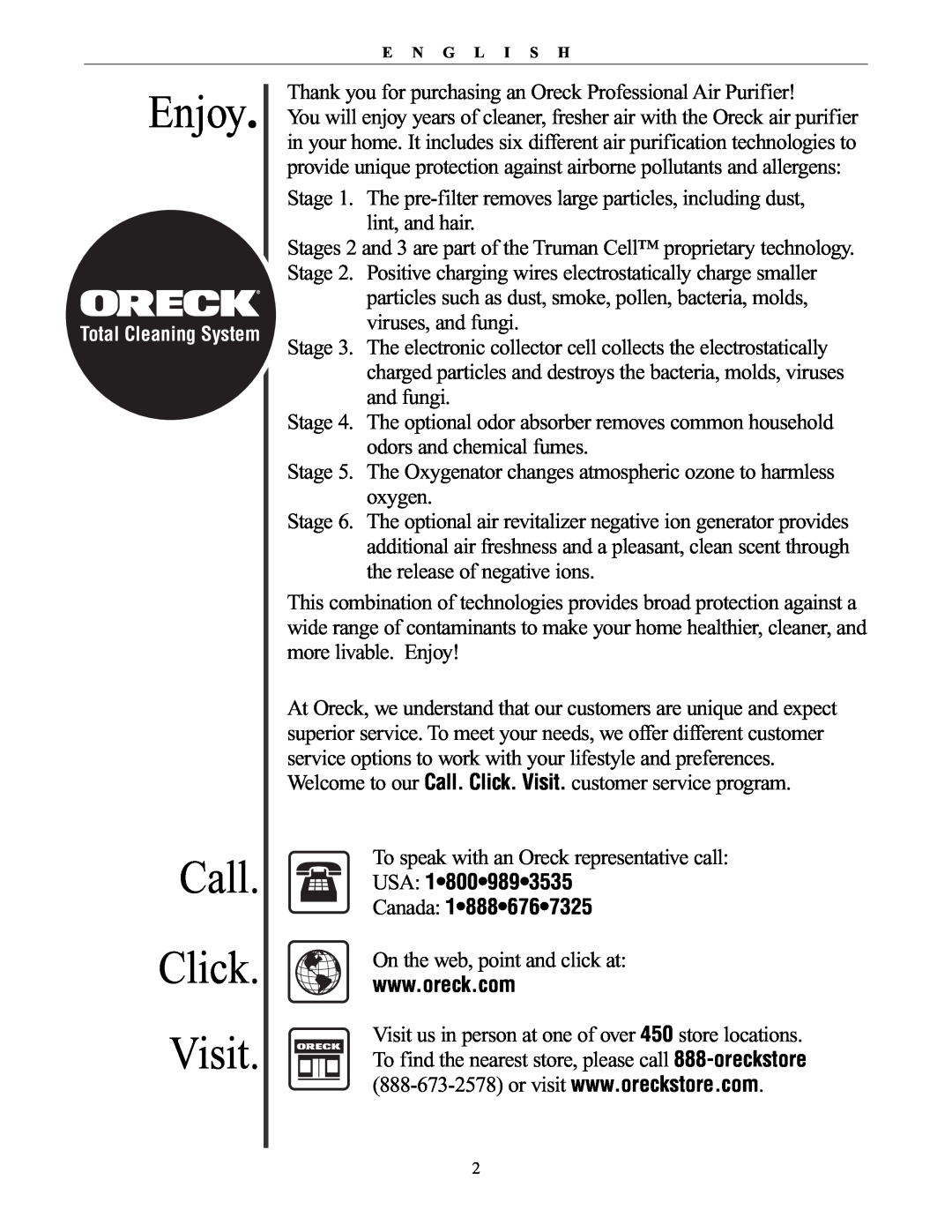 Oreck 20061-01Rev.A manual Enjoy, Call Click Visit, USA 18009893535 Canada 