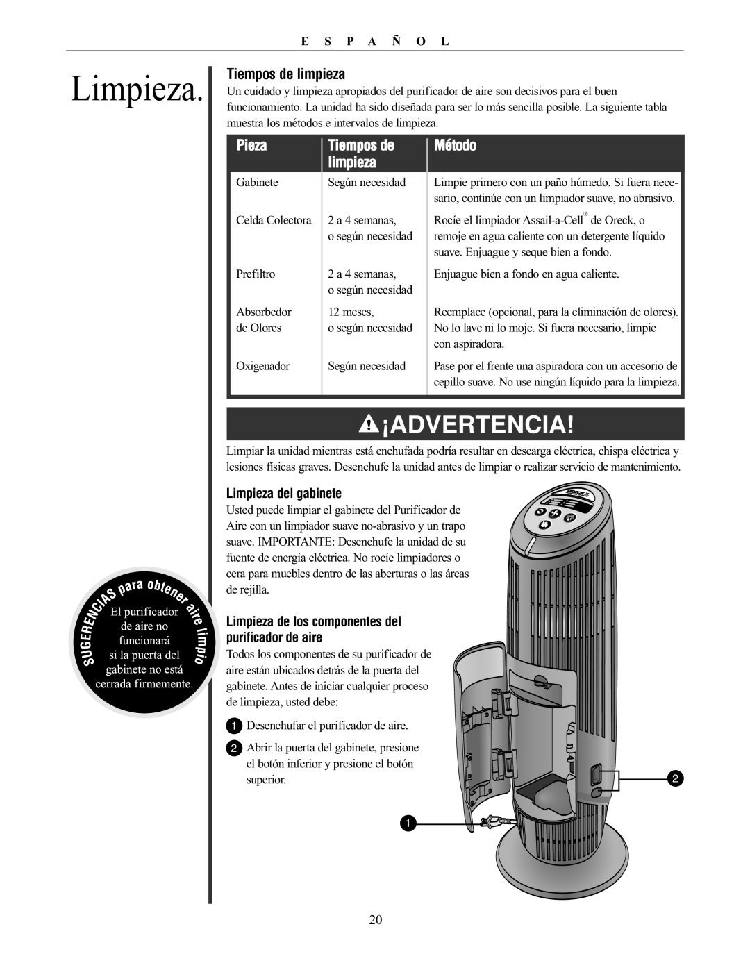 Oreck 20061-01Rev.A manual ¡Advertencia, Tiempos de limpieza, Pieza, Método, Limpieza del gabinete, E S P A Ñ O L 