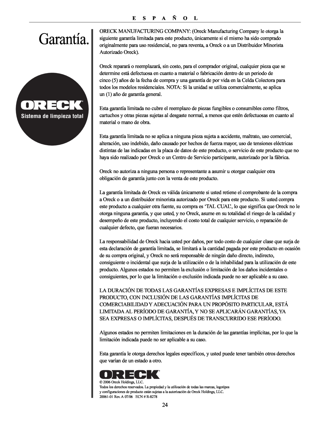 Oreck 20061-01Rev.A manual Garantía, Sistema de limpieza total, E S P A Ñ O L, Oreck Holdings, LLC 