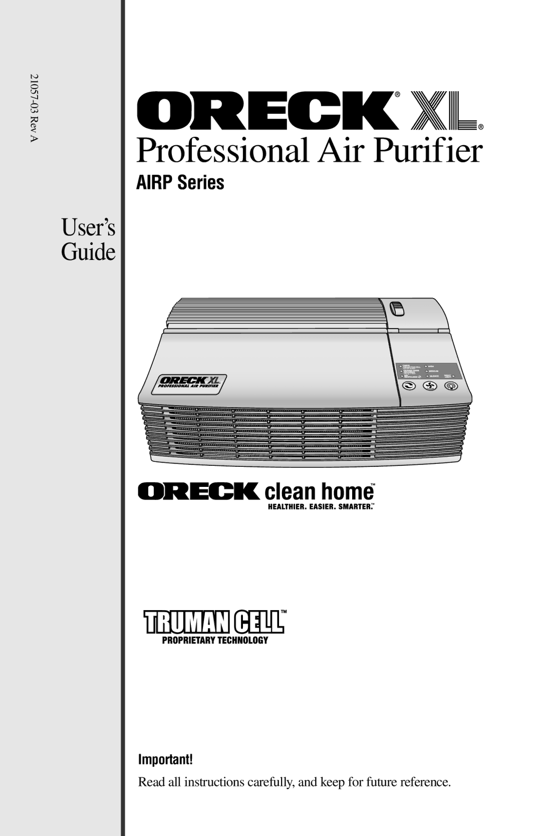 Oreck 21057-03 manual Professional Air Purifier, Rev a 