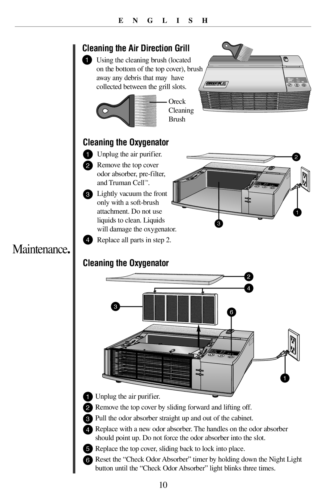 Oreck 21057-03 manual Cleaning the Air Direction Grill, Cleaning the Oxygenator 