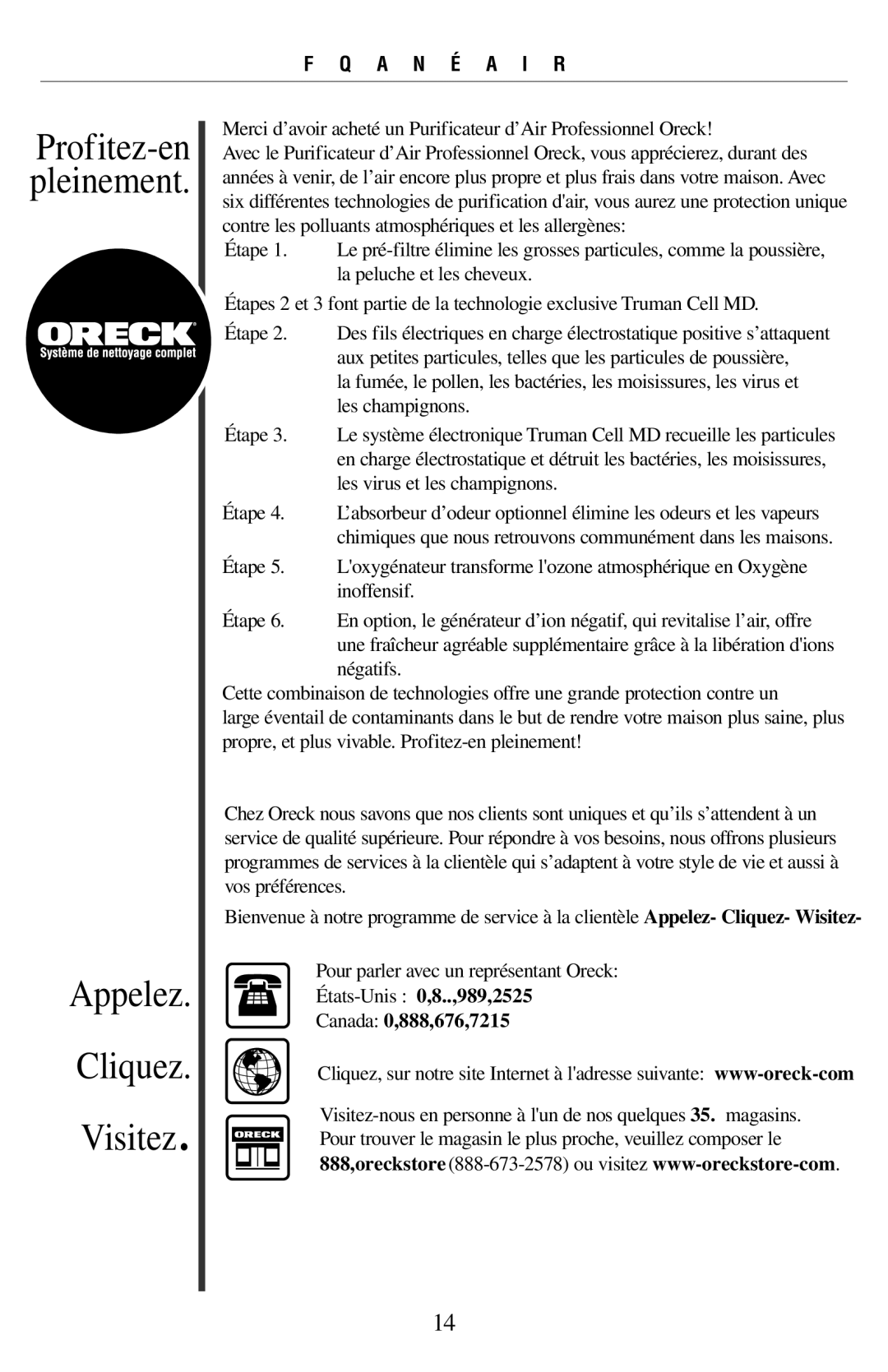 Oreck 21057-03 manual Appelez Cliquez Visitez 