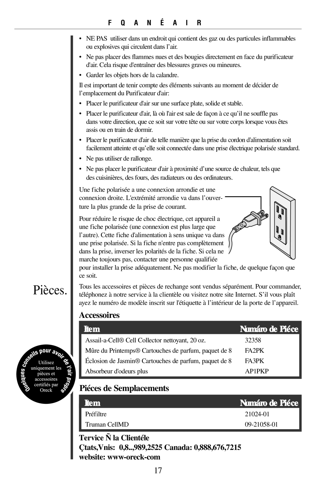 Oreck 21057-03 manual Accessoires, Pièces de Remplacements, Service à la Clientèle États-Unis 1-800-989-3535 Canada 