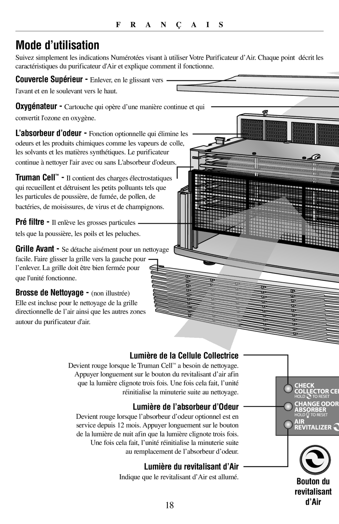 Oreck 21057-03 manual Lumière de la Cellule Collectrice, Lumière de l’absorbeur d’Odeur, Lumière du revitalisant d’Air 