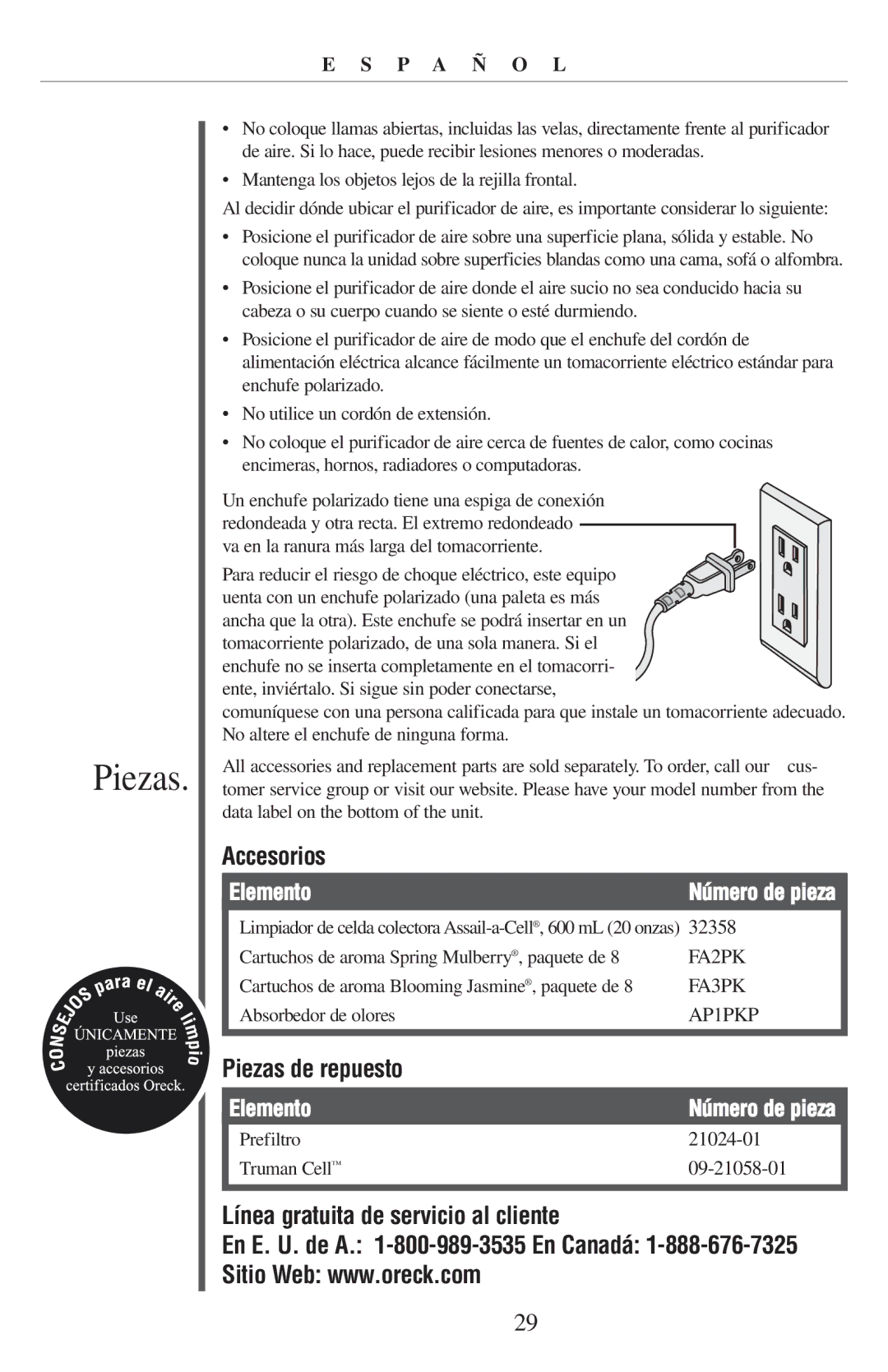 Oreck 21057-03 manual Accesorios, Piezas de repuesto, Línea gratuita de servicio al cliente 