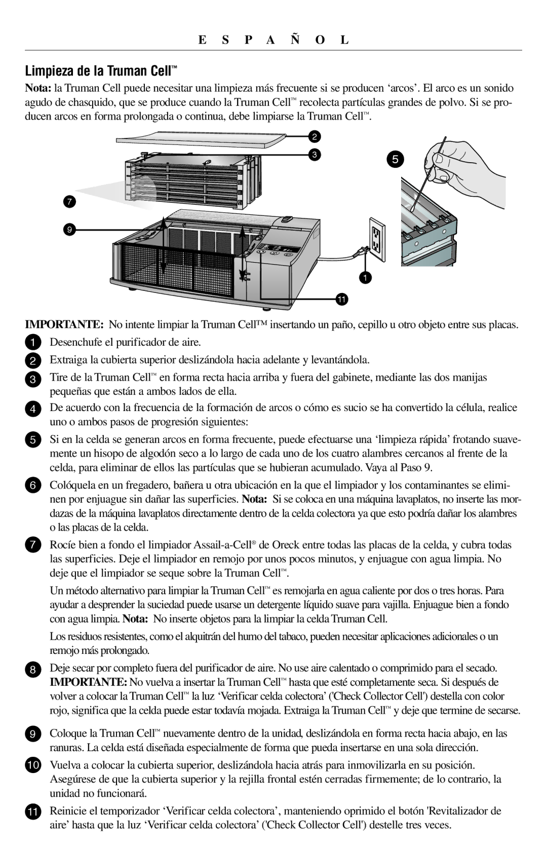 Oreck 21057-03 manual Limpieza de la Truman Cell 