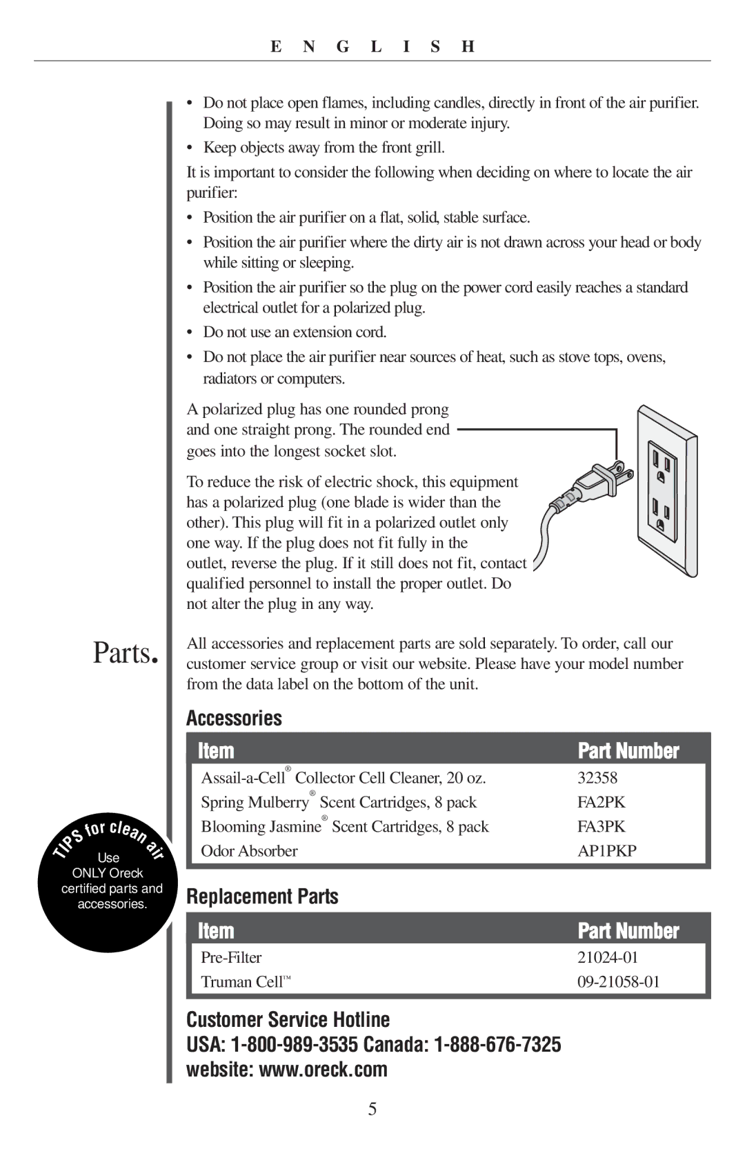 Oreck 21057-03 manual Accessories, Replacement Parts, Customer Service Hotline 