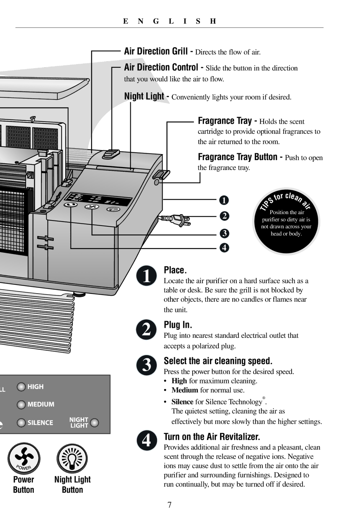 Oreck 21057-03 manual Place, Plug, Select the air cleaning speed, Turn on the Air Revitalizer, Power 