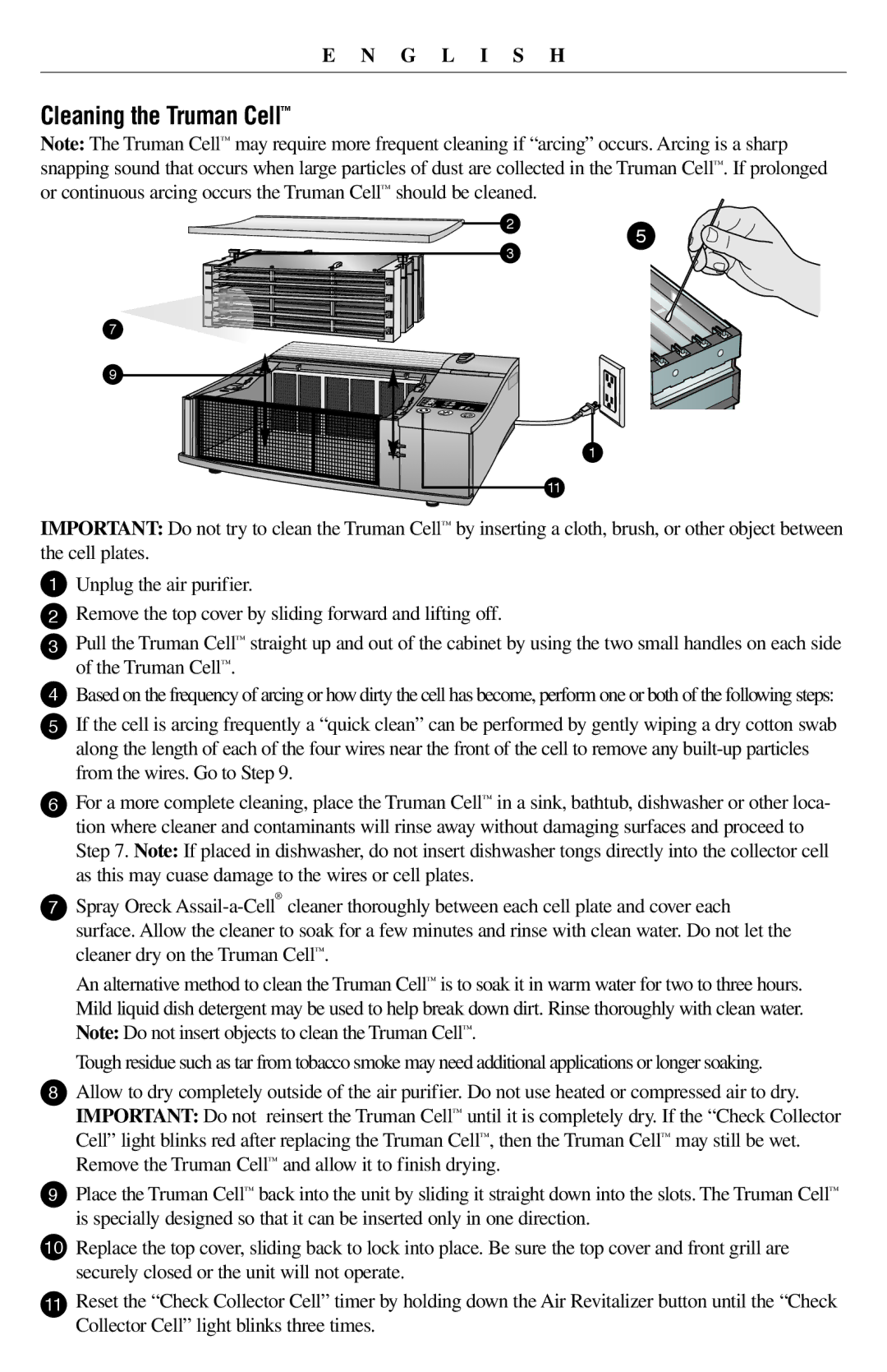 Oreck 21057-03 manual Cleaning the Truman Cell 