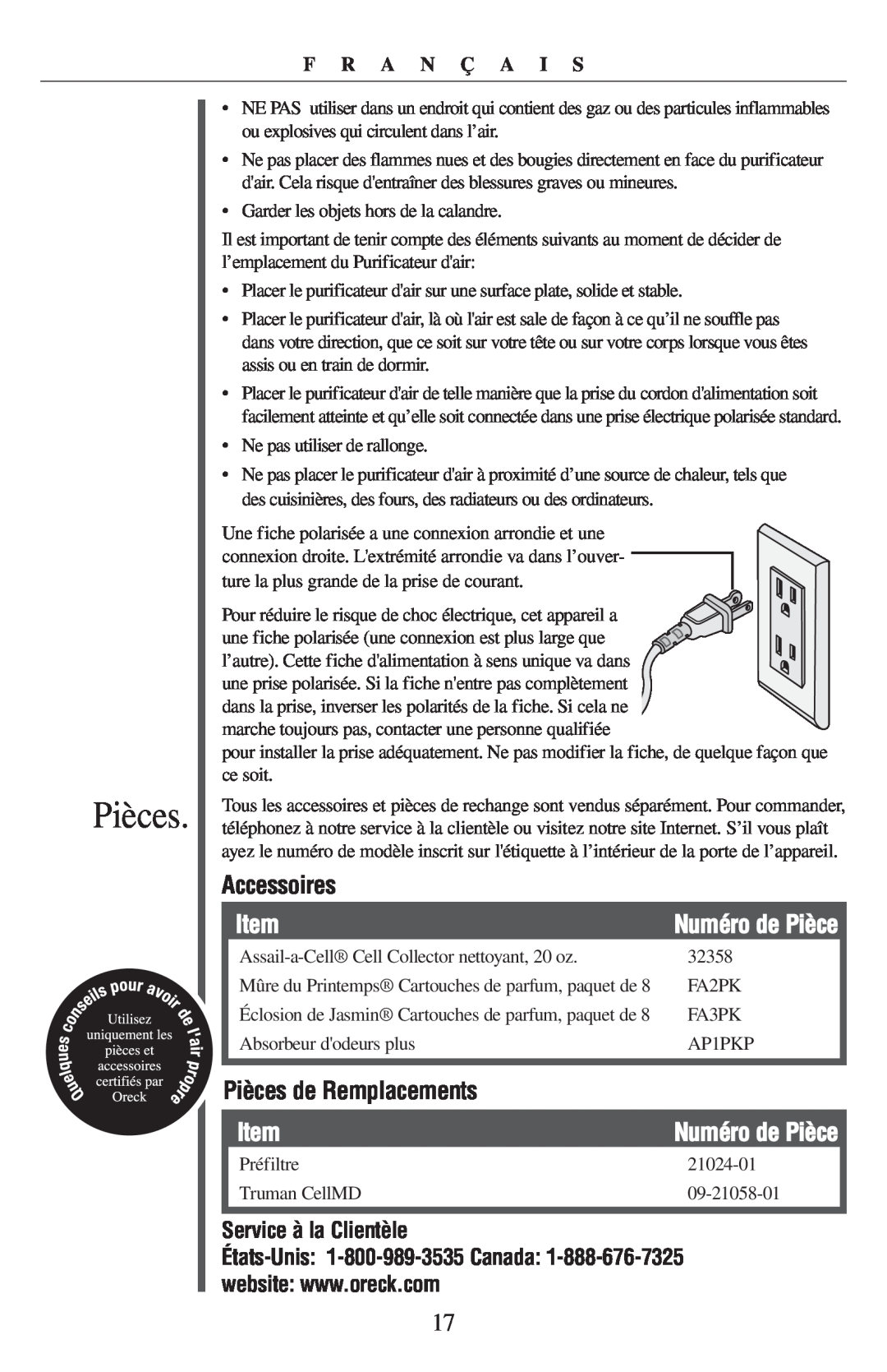Oreck 21057-03 manual Accessoires, Pièces de Remplacements, Service à la Clientèle, F R A N Ç A I S, Numéro de Pièce 