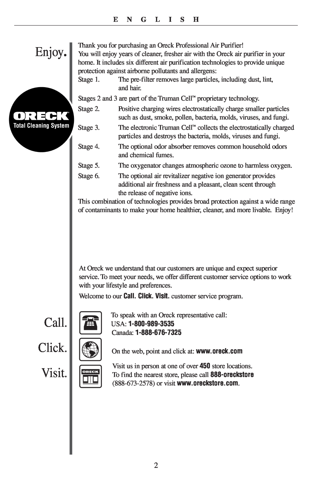 Oreck 21057-03 manual Enjoy, Call Click Visit, E N G L I S H, USA Canada 