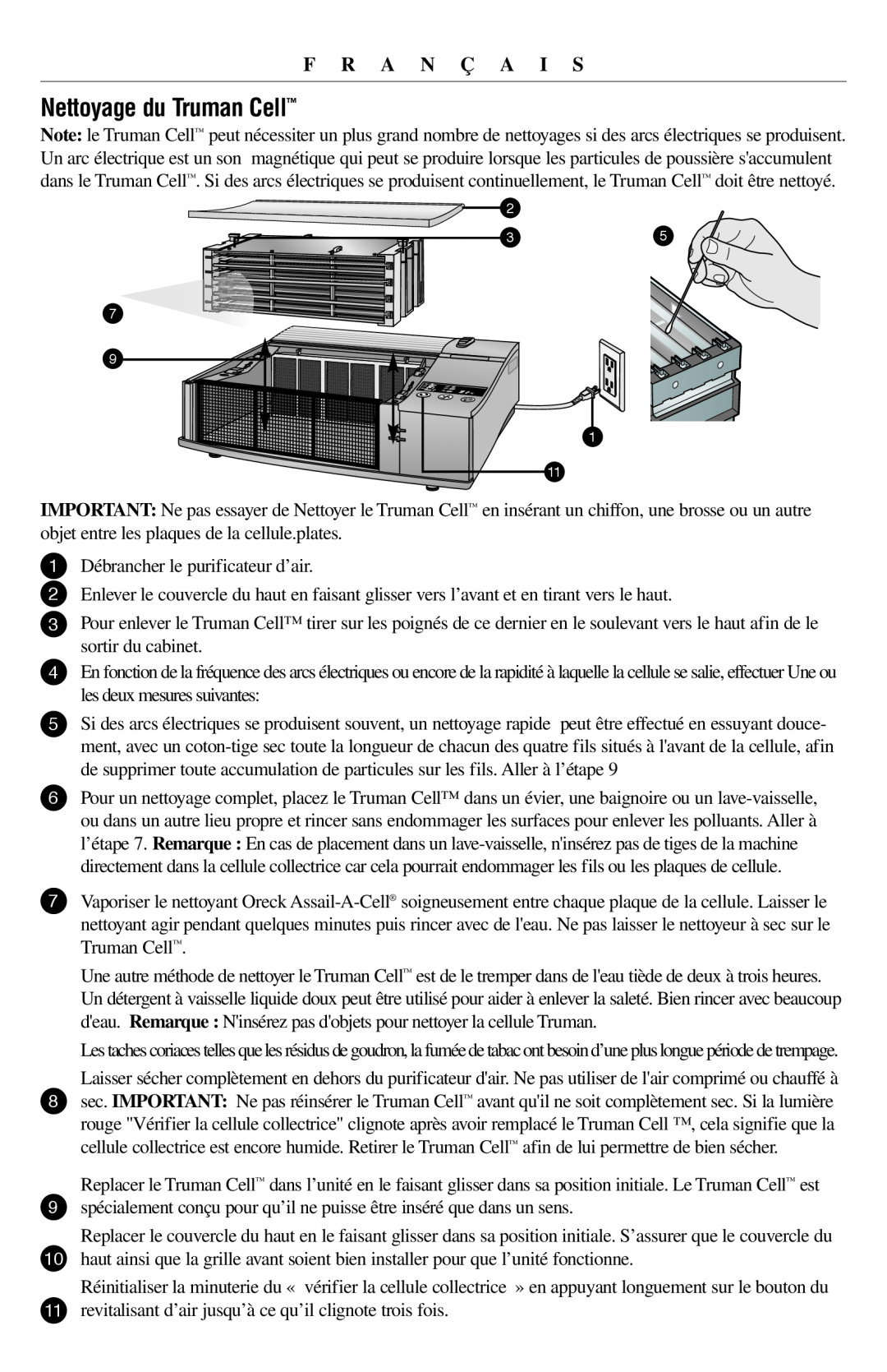 Oreck 21057-03 manual Nettoyage du Truman Cell, F R A N Ç A I S 