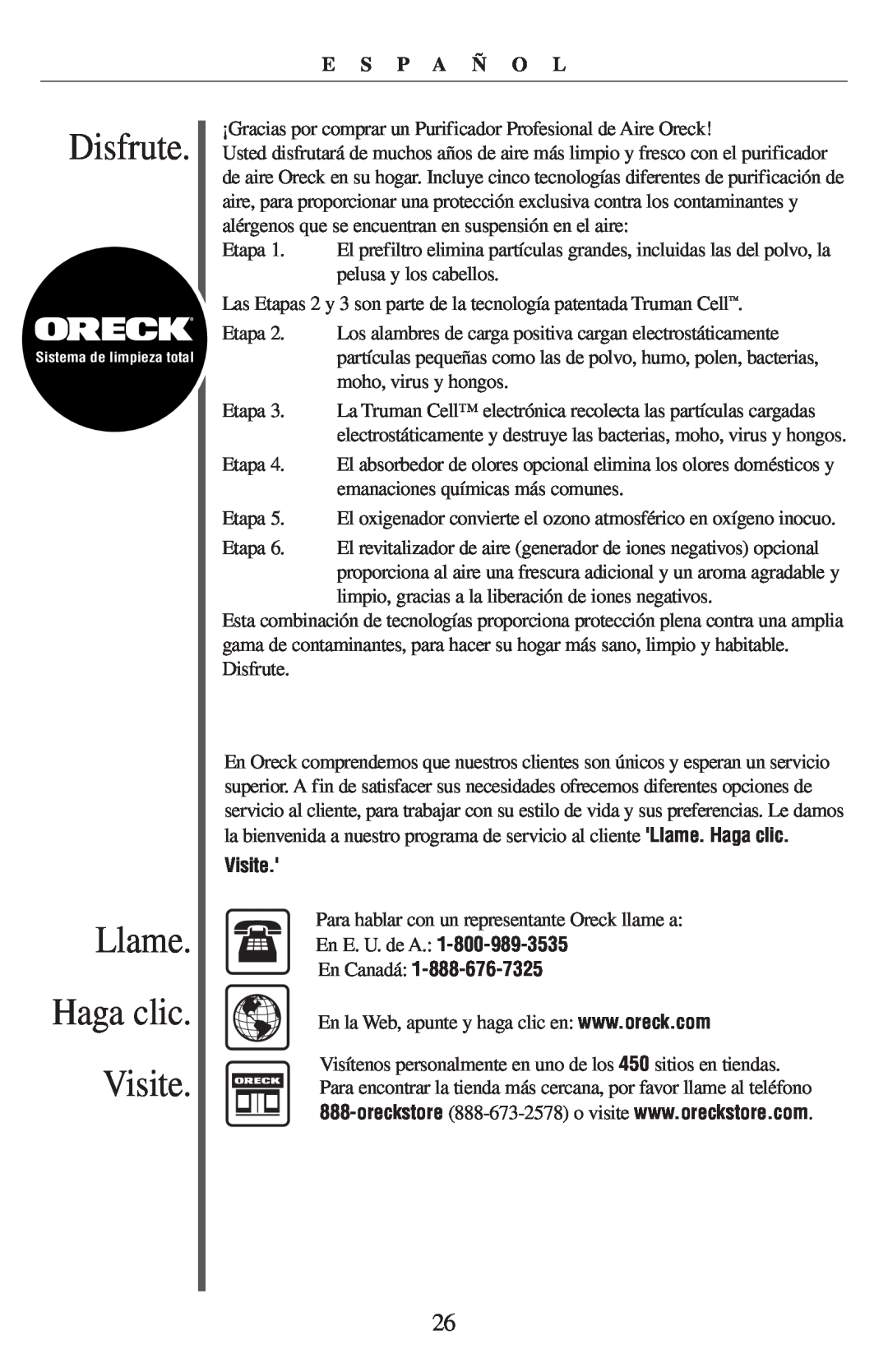 Oreck 21057-03 manual Disfrute, Llame Haga clic Visite, E S P A Ñ O L, En Canadá 