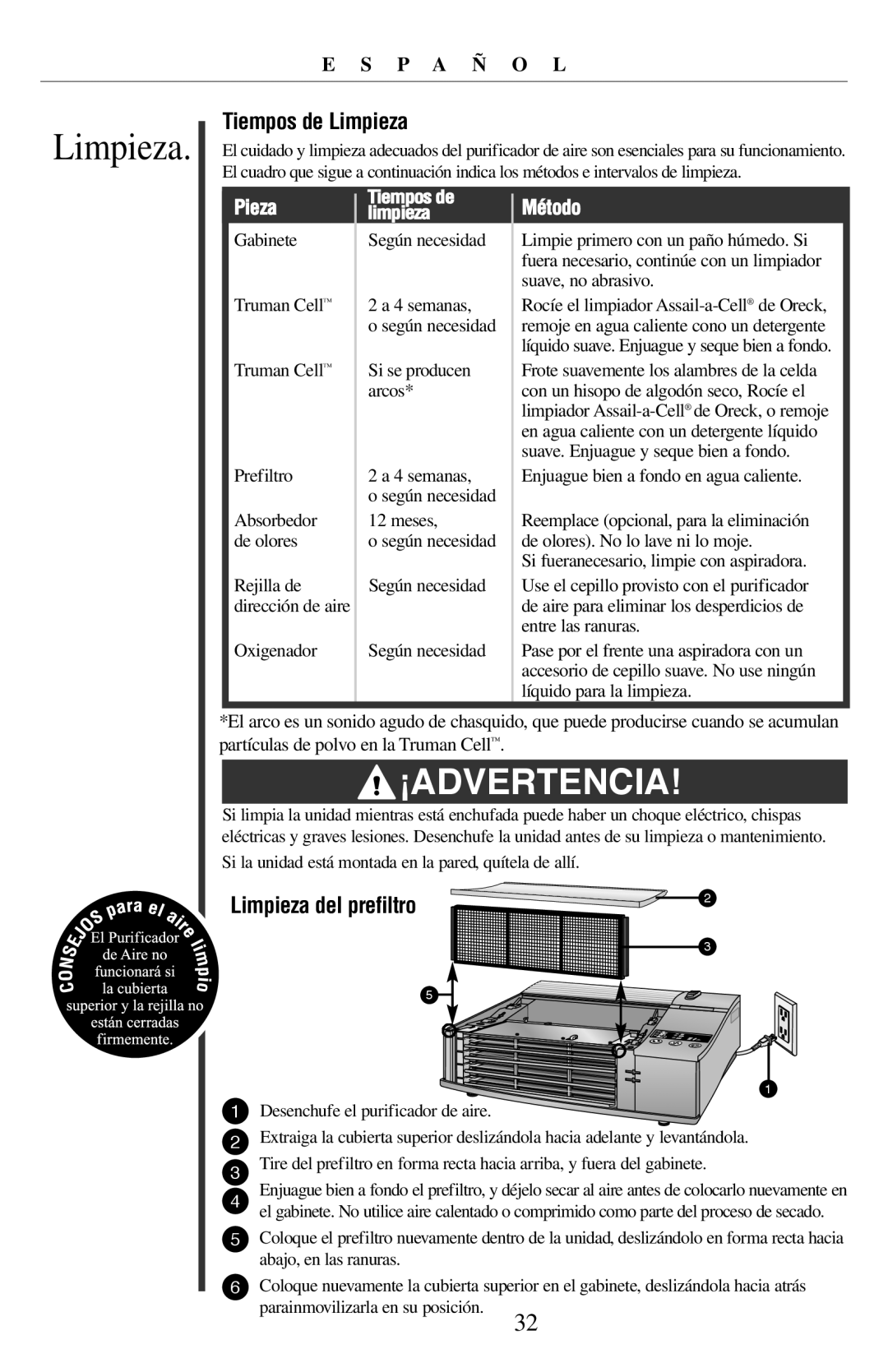 Oreck 21057-03 manual ¡AdVERTENCIA, Tiempos de Limpieza, E S P A Ñ O L, Pieza, Método, limpieza 