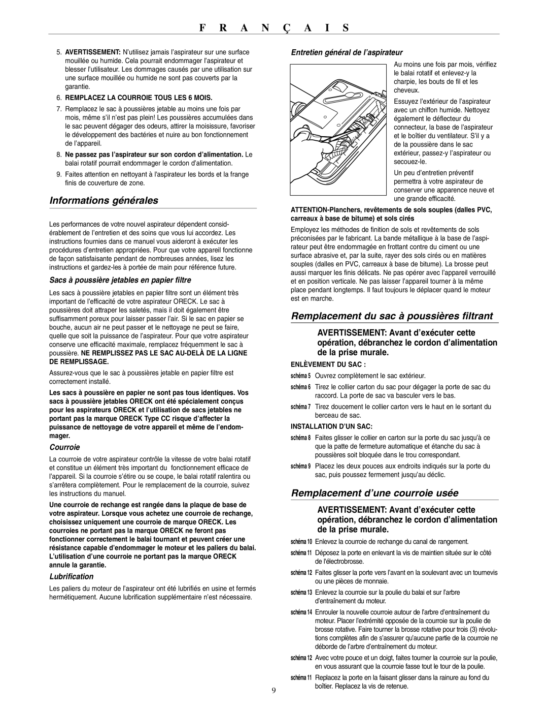 Oreck 2310RD warranty Informations générales, Remplacement du sac à poussières filtrant, Remplacement d’une courroie usée 