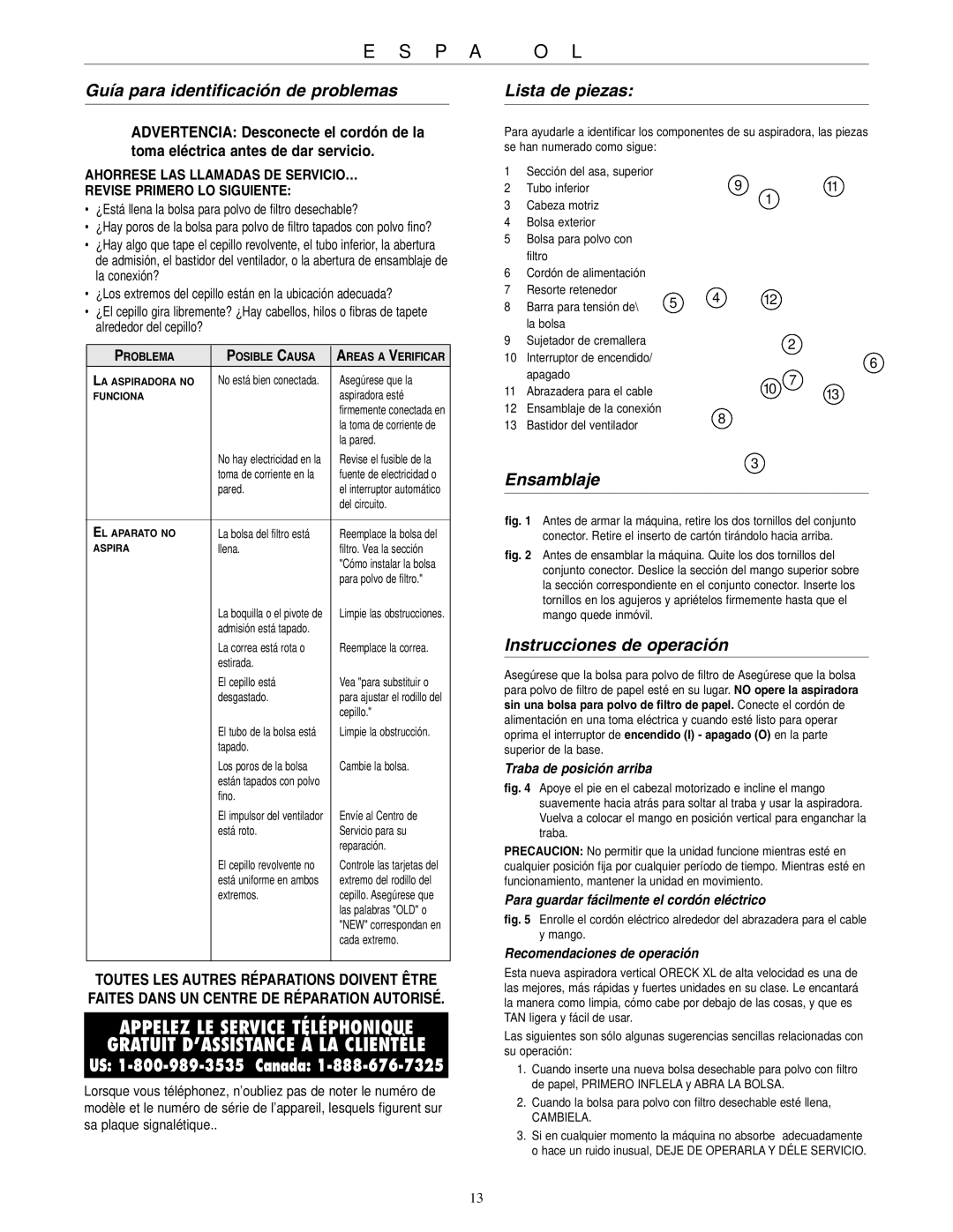 Oreck 2310RD warranty Guía para identificación de problemas, Lista de piezas, Ensamblaje, Instrucciones de operación 