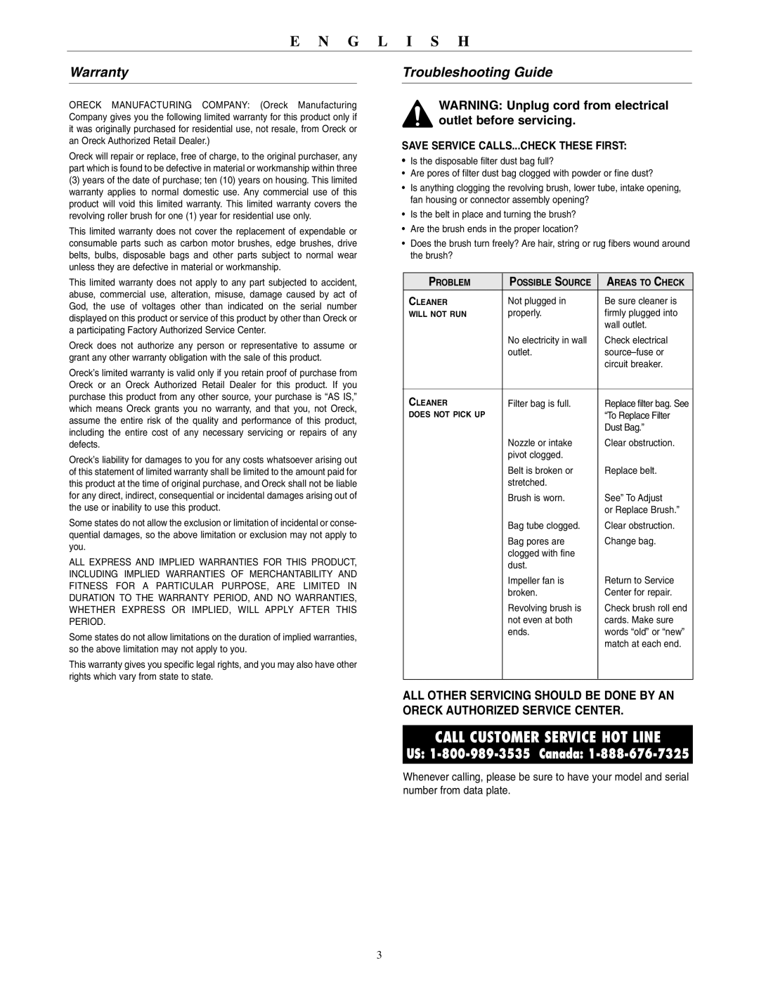 Oreck 2310RD warranty Warranty, Troubleshooting Guide 