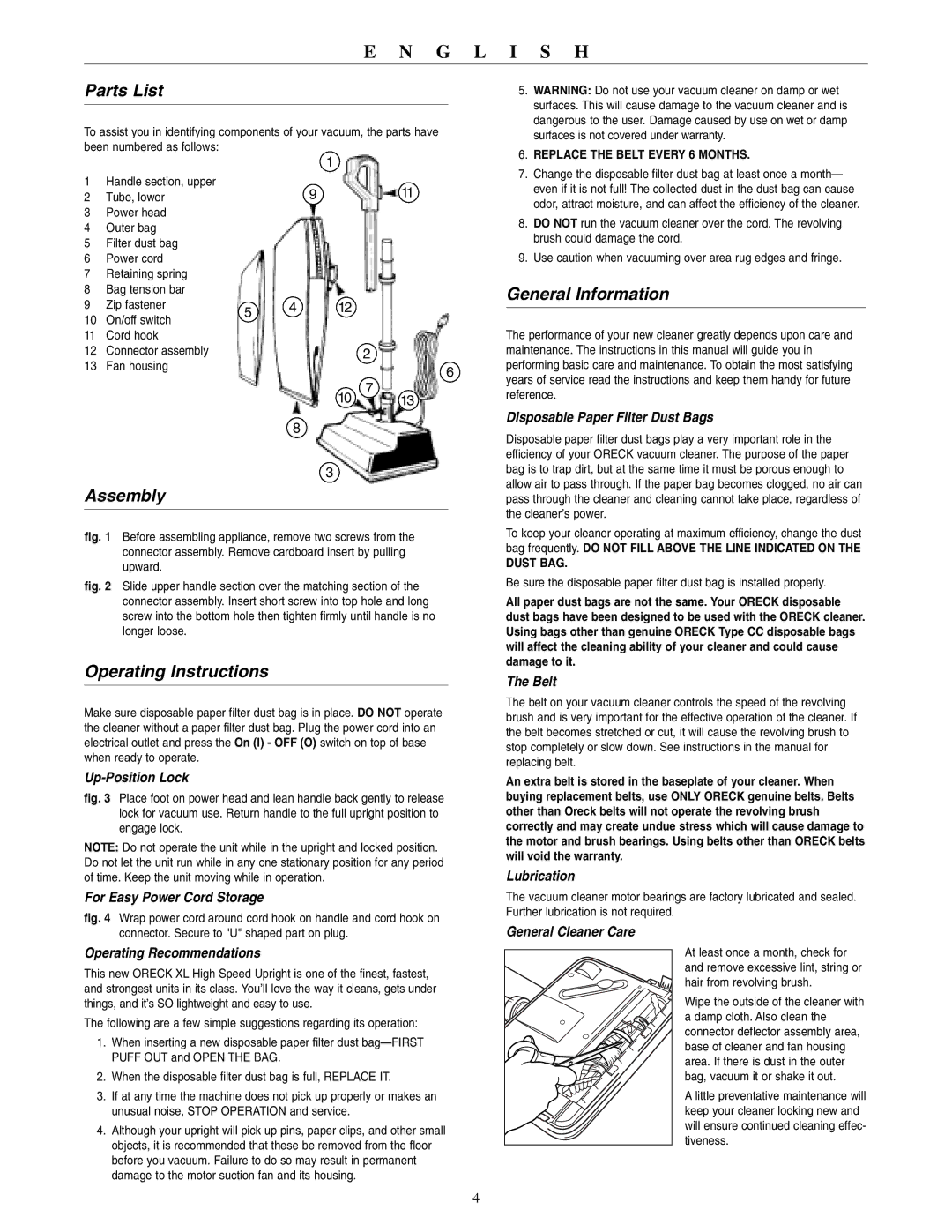 Oreck 2310RD warranty Parts List, Assembly, Operating Instructions, General Information 