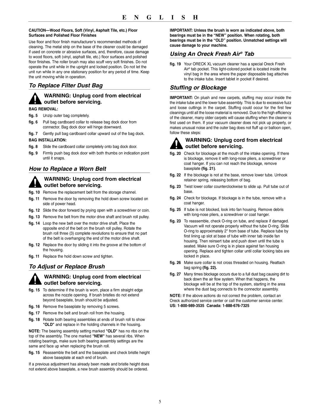 Oreck 2310RD To Replace Filter Dust Bag, How to Replace a Worn Belt, To Adjust or Replace Brush, Stuffing or Blockage 